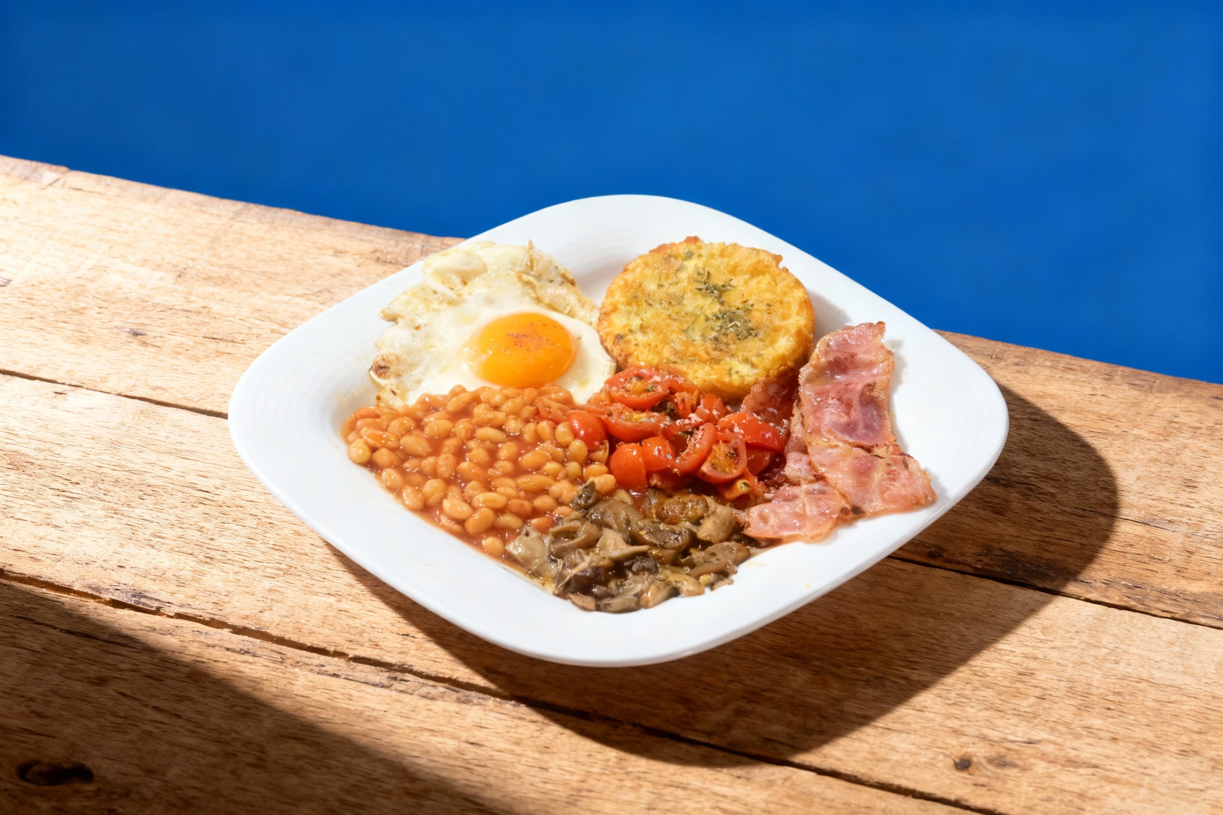 A full English breakfast featuring a fried egg with a runny yolk, baked beans in tomato sauce, two slices of bacon, roasted cherry tomatoes with seasoning, saut
