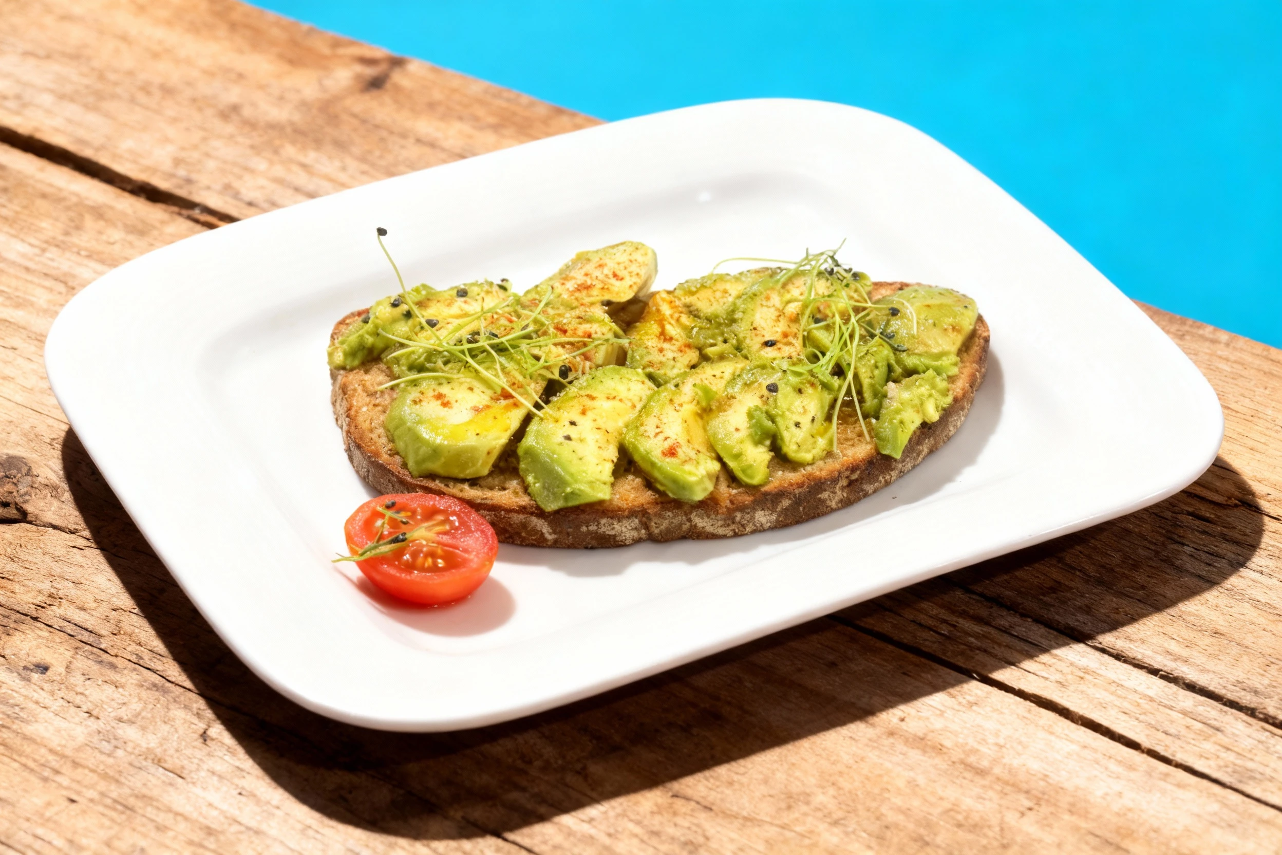 Avocado toast featuring fanned avocado slices on a thick slice of whole-grain bread, garnished with microgreens, chili powder, and black seeds. A halved grape t