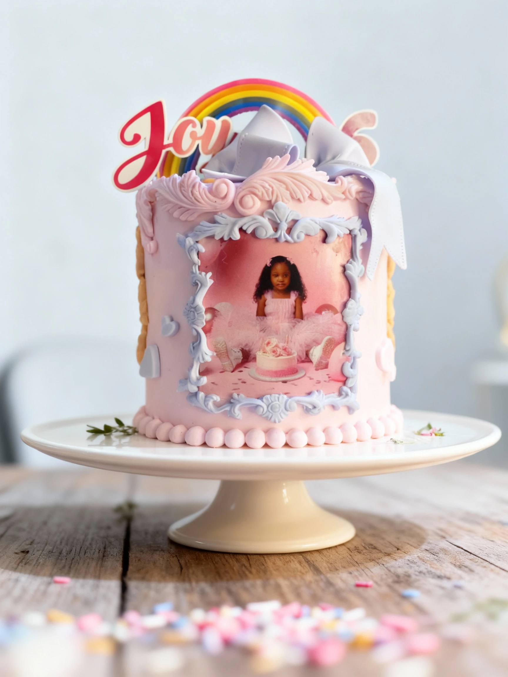 A customized round celebration cake covered in light pink frosting, featuring elaborate lavender and pink fondant piping, an edible framed photo of a child, and