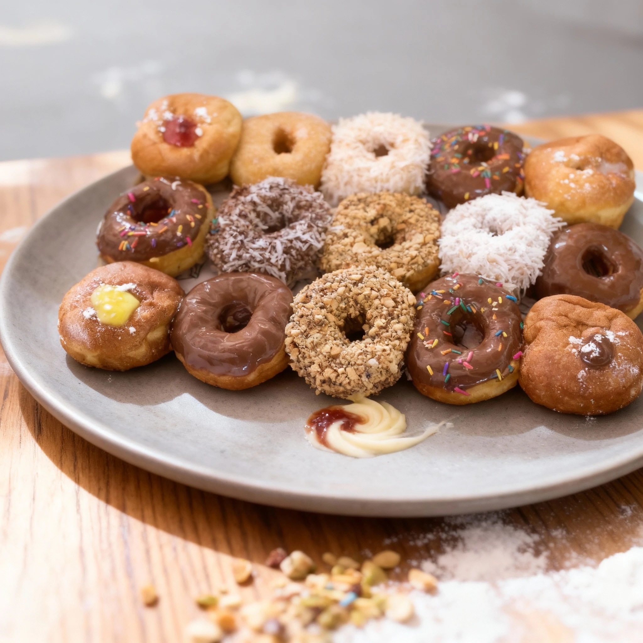 An assortment of a dozen donuts presented in a box, featuring various types including chocolate glaze with sprinkles, shredded coconut, chopped nuts, plain suga