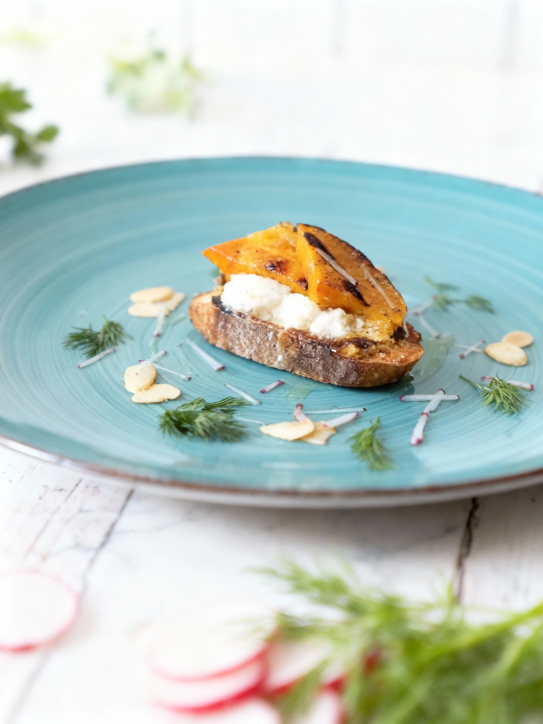 A gourmet crostini or bruschetta featuring a slice of toasted bread topped with creamy cheese and pieces of roasted squash or pumpkin. The appetizer is minimall