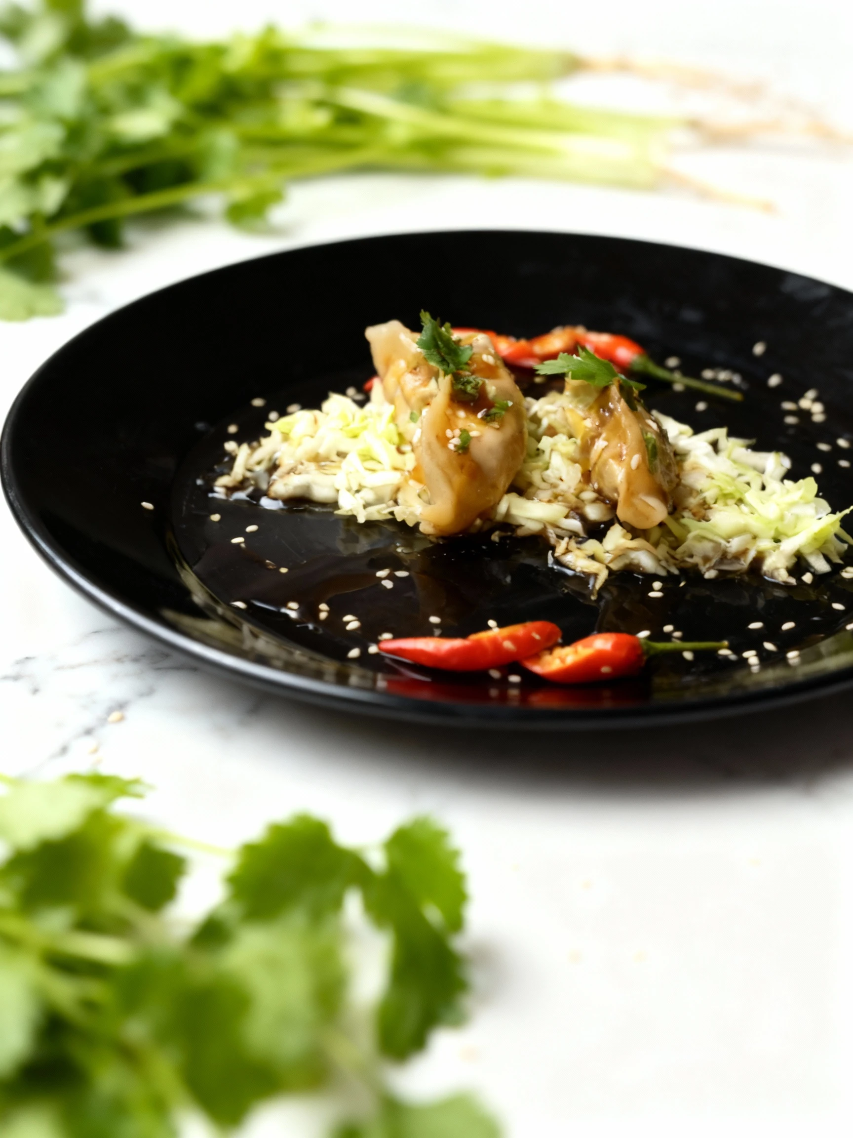 Two pan-fried dumplings or potstickers served over shredded cabbage, drizzled with a savory sauce, and garnished with sesame seeds, cilantro, and whole red chil