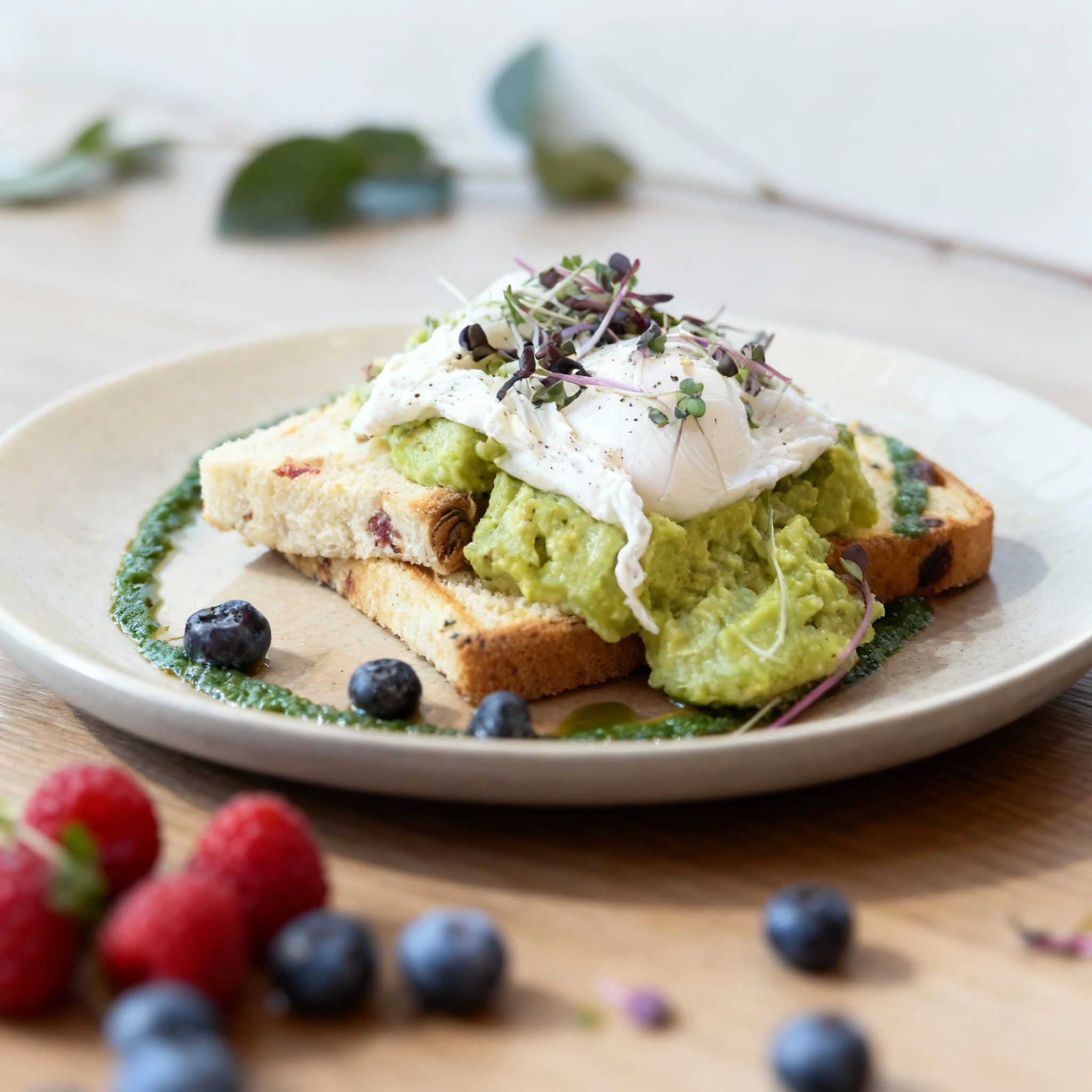 Slices of toasted bread topped with a generous portion of mashed avocado, a poached egg, and mixed microgreens, served on a plate garnished with a bright green