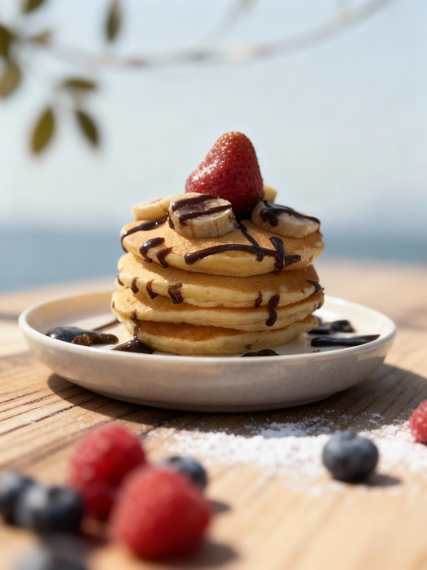 A tall stack of four pancakes is topped with sliced bananas, a whole strawberry, and liberally drizzled with dark chocolate syrup.