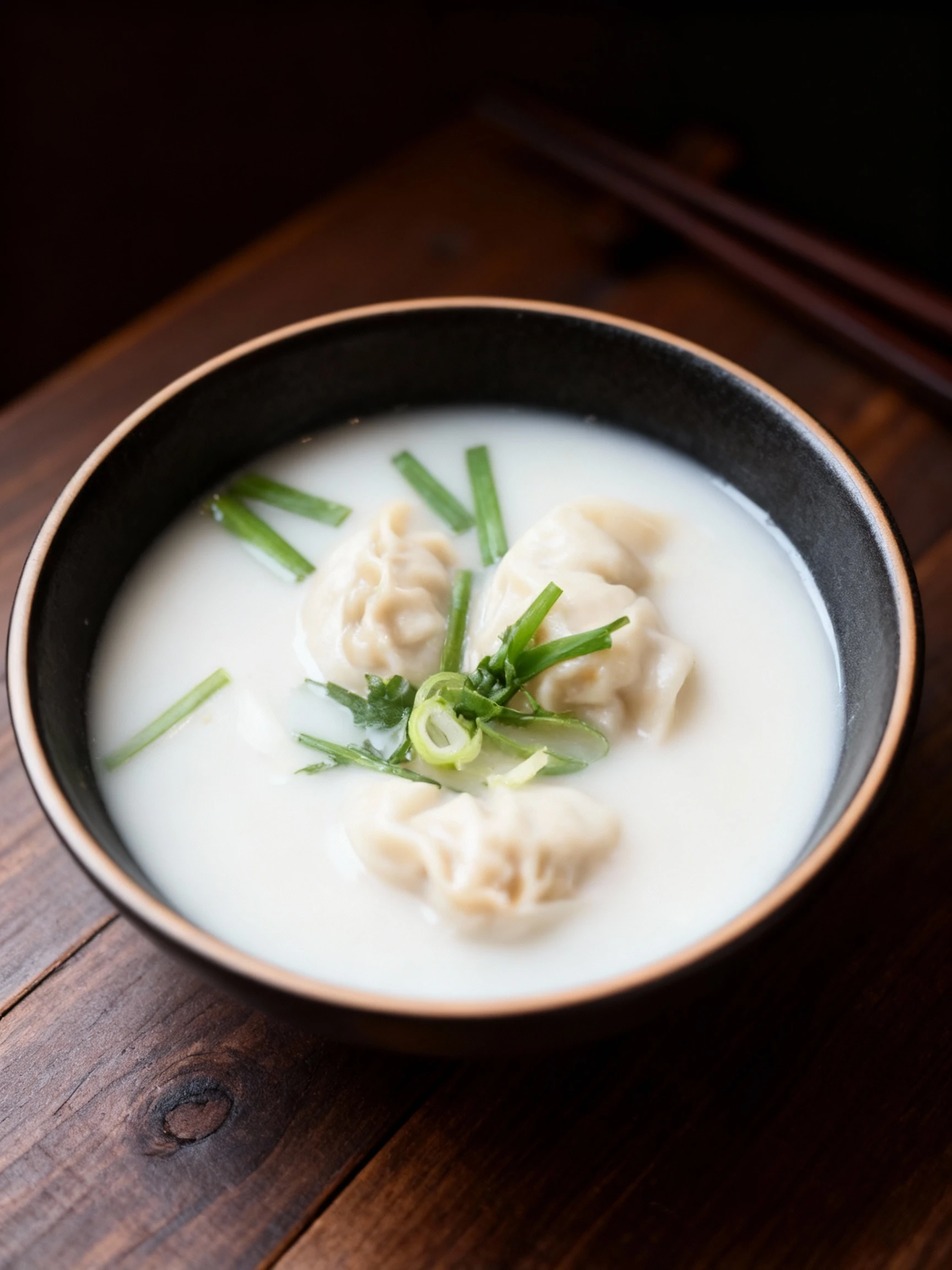 A bowl of manduguk consisting of steamed dumplings in a milky white bone broth topped with sliced green onions and chives.