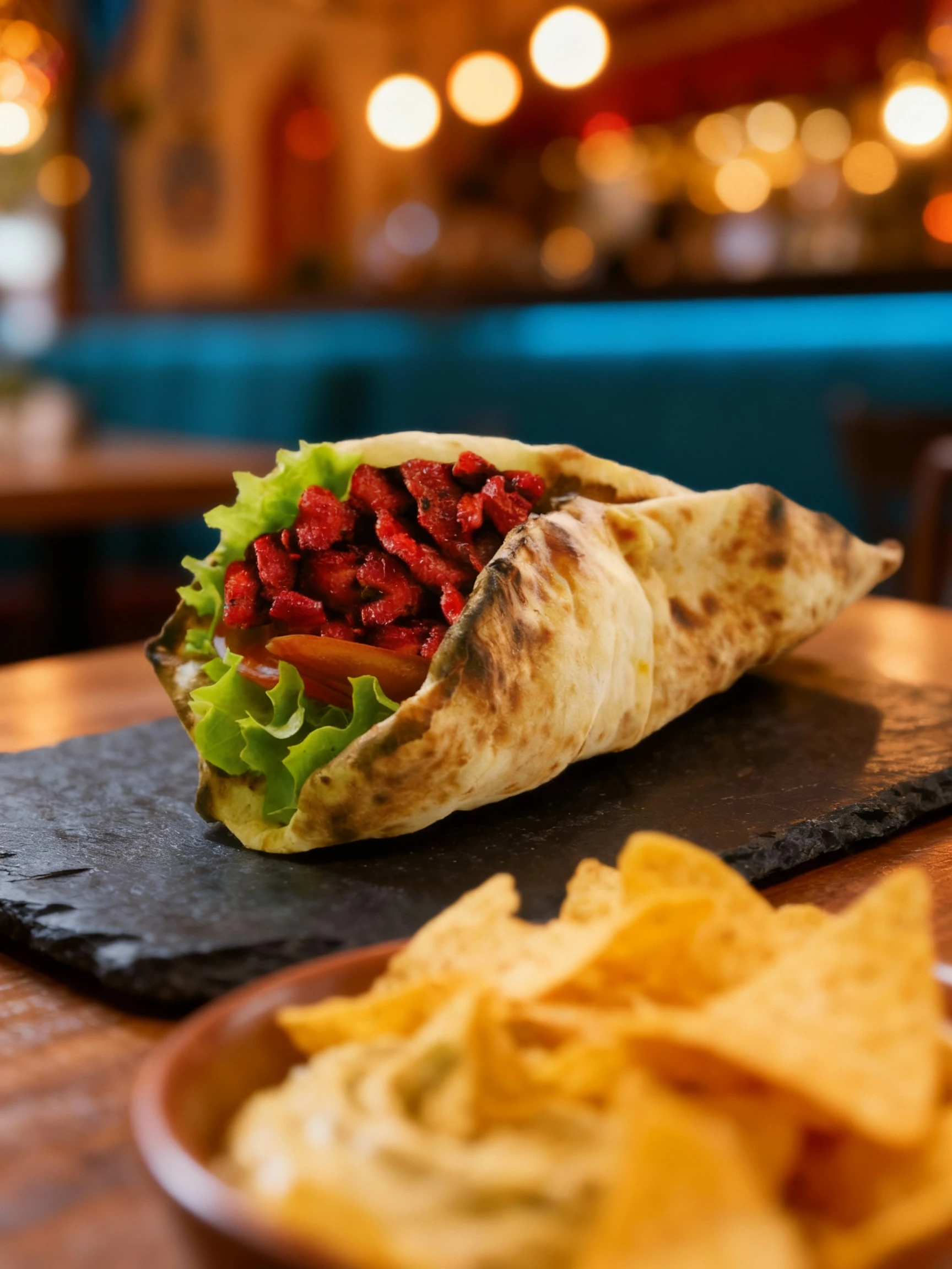 A robust kebab wrap featuring slices of bright red marinated meat, fresh green lettuce, and tomato slices enclosed in a toasted flatbread.