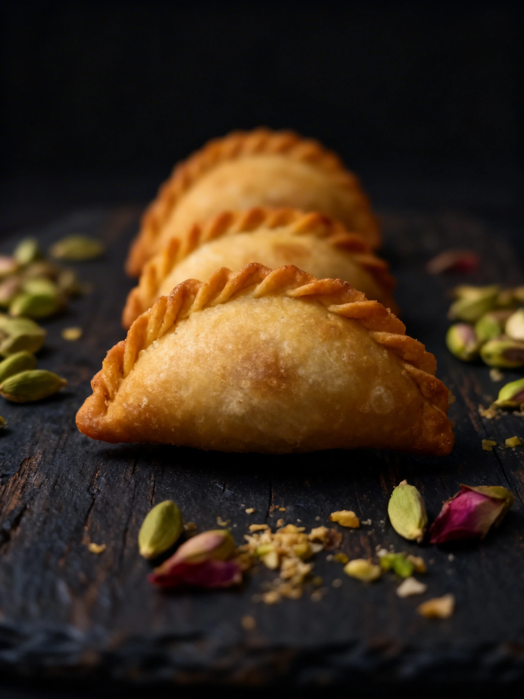 A collection of golden-brown fried gujiya dumplings with pleated edges arranged in a two-row plastic tray.