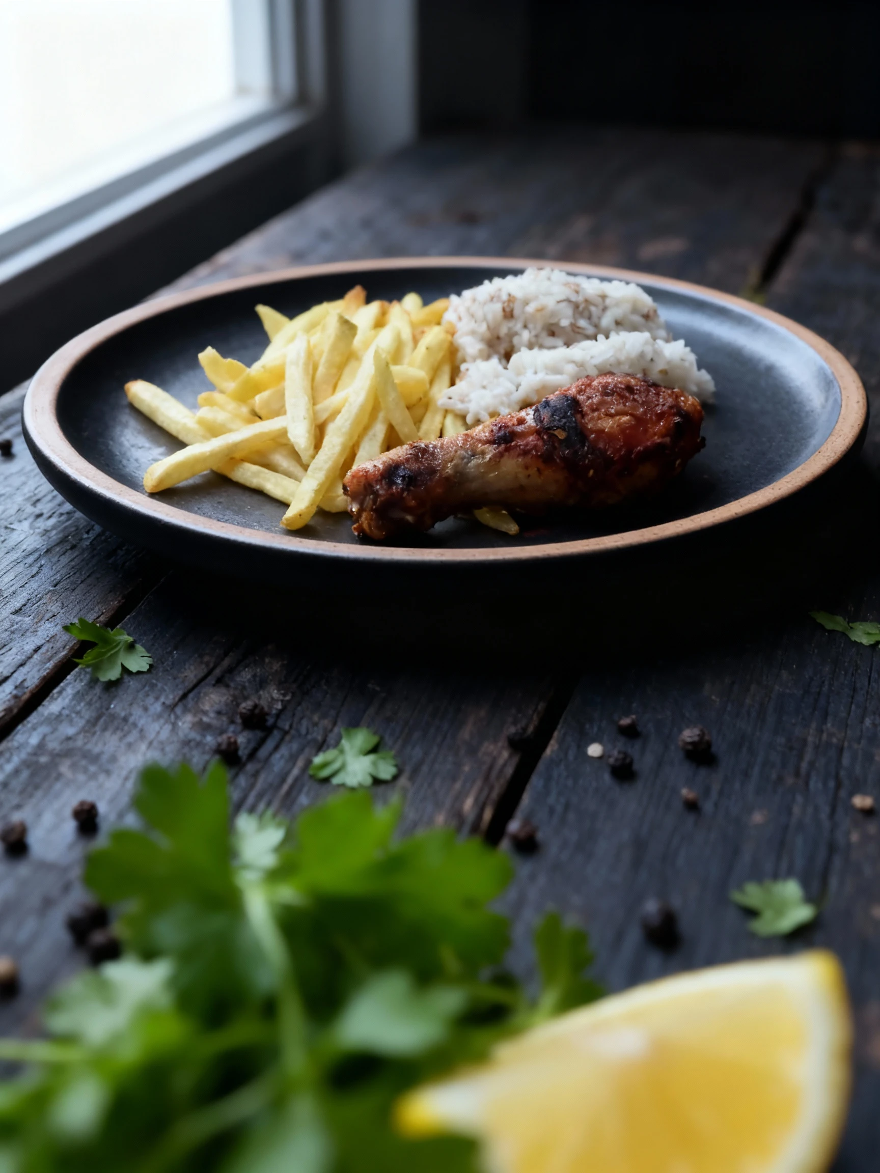 A meal plate featuring a roasted or fried chicken leg, a large portion of golden french fries, and a scoop of white rice mixed with visible brown grains.
