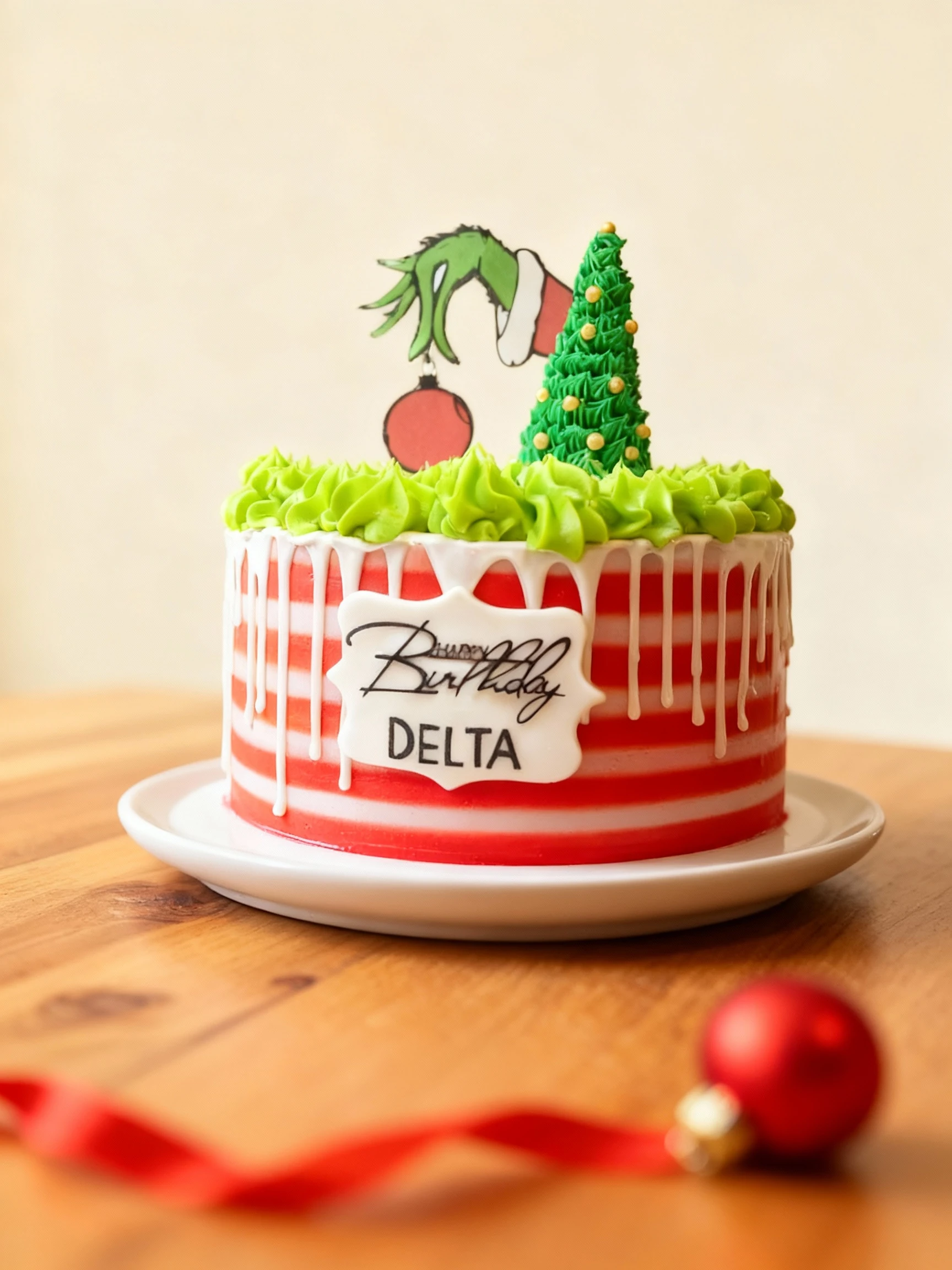 A tiered birthday cake featuring red and white striped sides with white icing drips, topped with a border of bright green piped frosting and decorated with pape