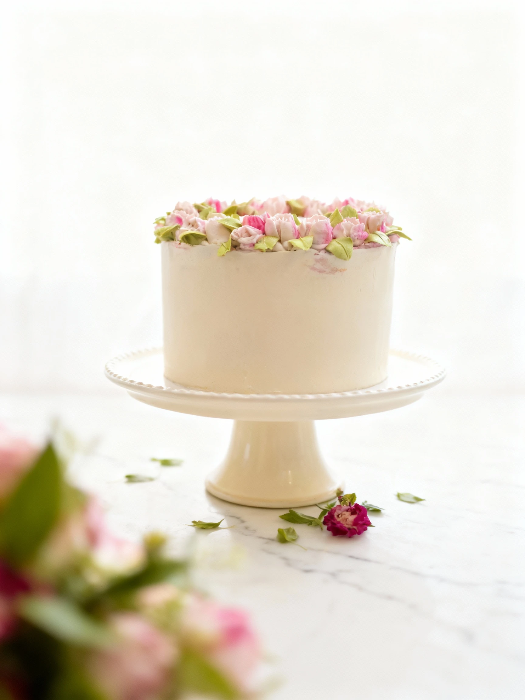 A professionally frosted round layer cake with a smooth gray base and a white top, bordered by a wreath of piped buttercream flowers in shades of pink and magen