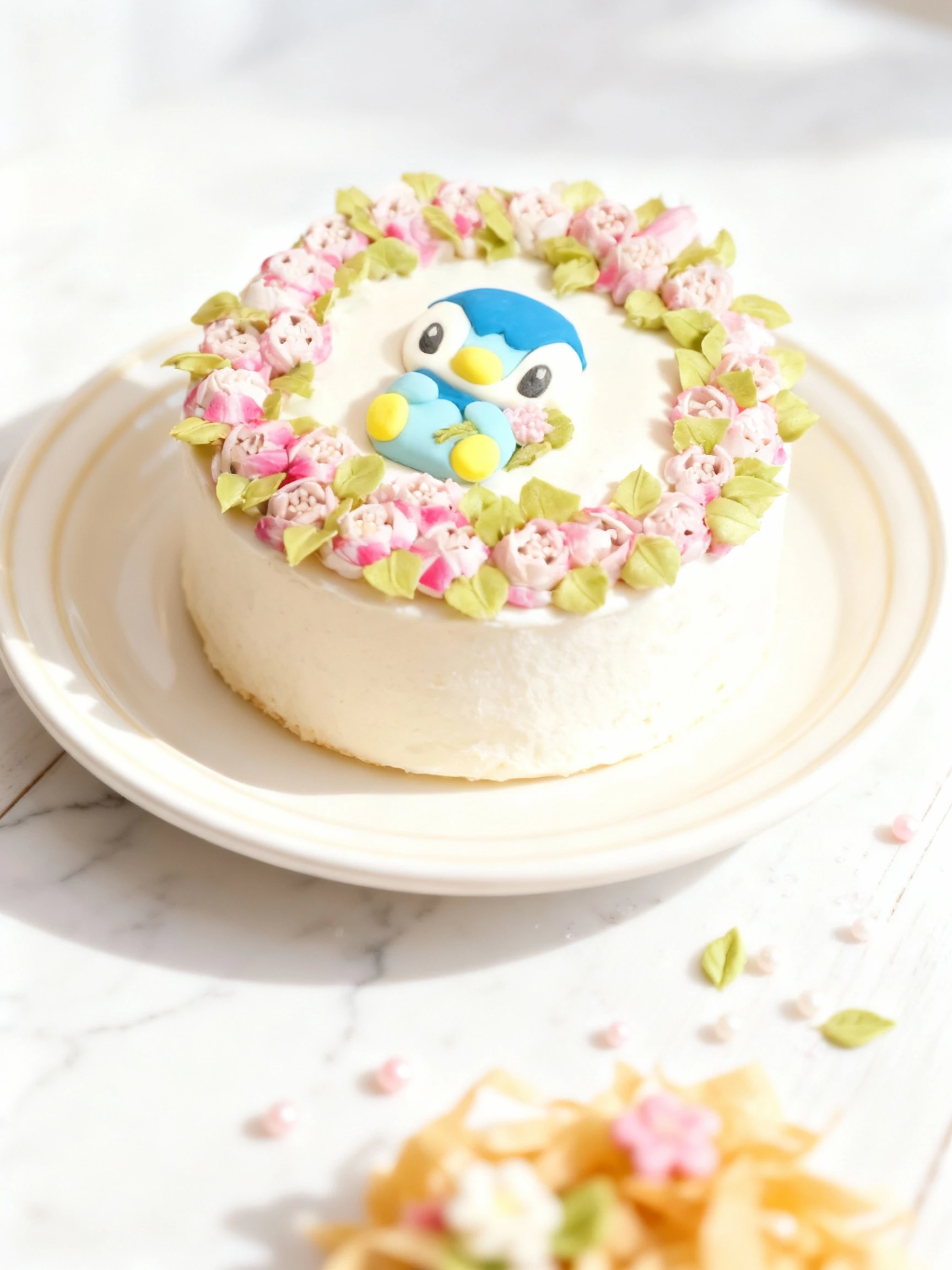 A decorated cake featuring a fondant or icing figure of a blue penguin character holding a bouquet, encircled by a wreath of piped pink and white buttercream fl