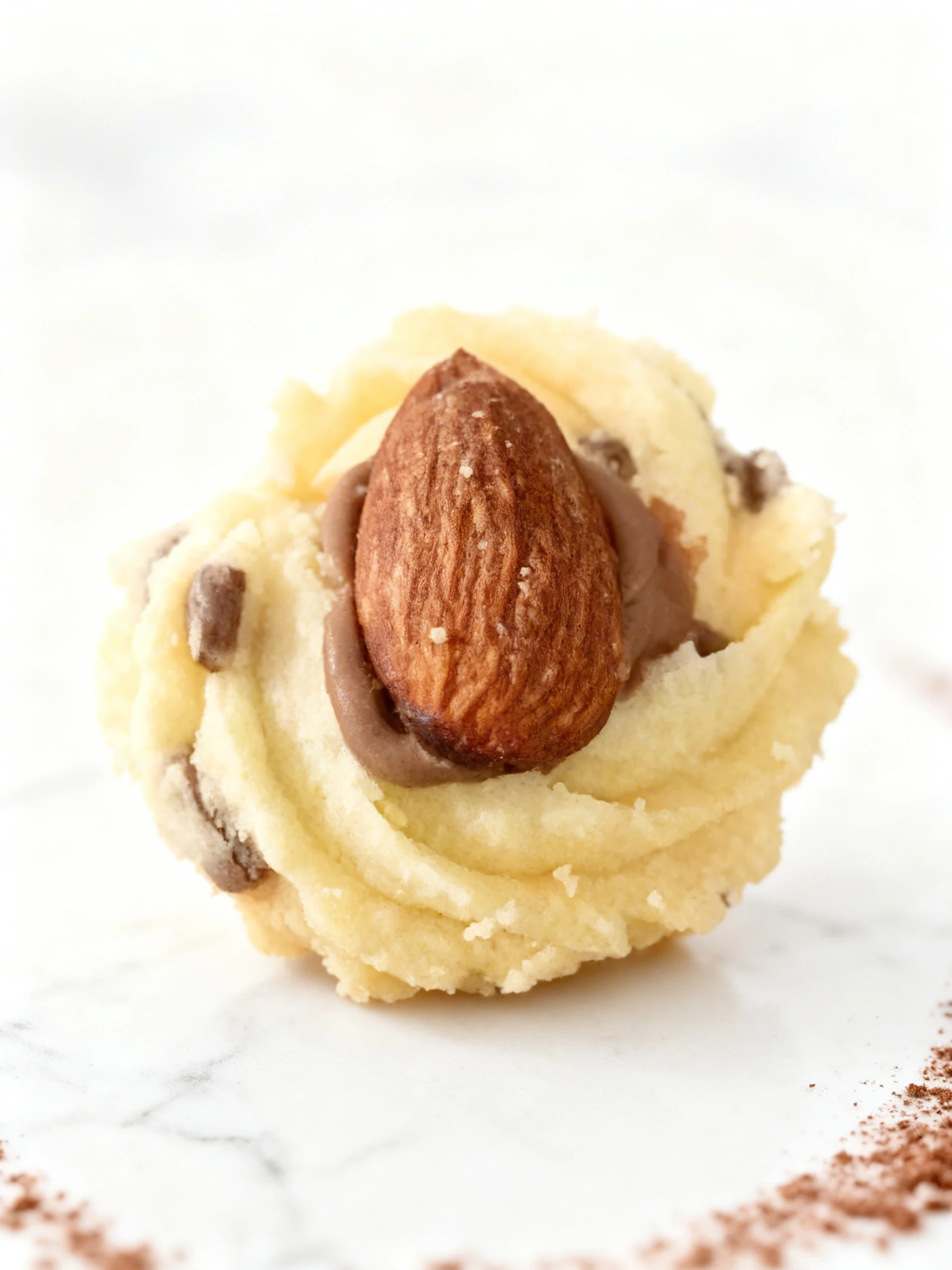 A single piped butter cookie topped with chocolate filling and a whole roasted almond.