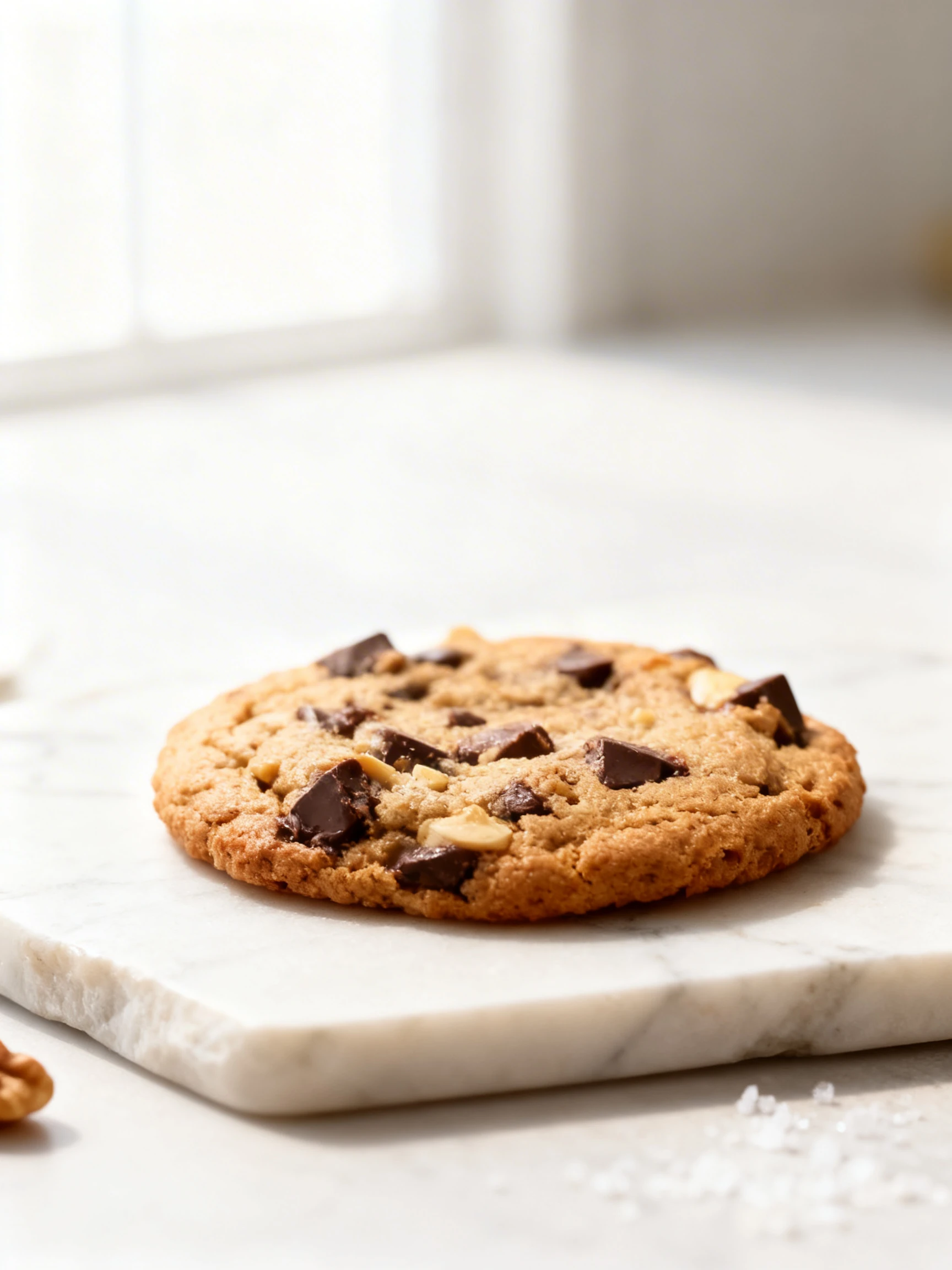 A single chocolate chip cookie containing dark chocolate chunks and small nut pieces.