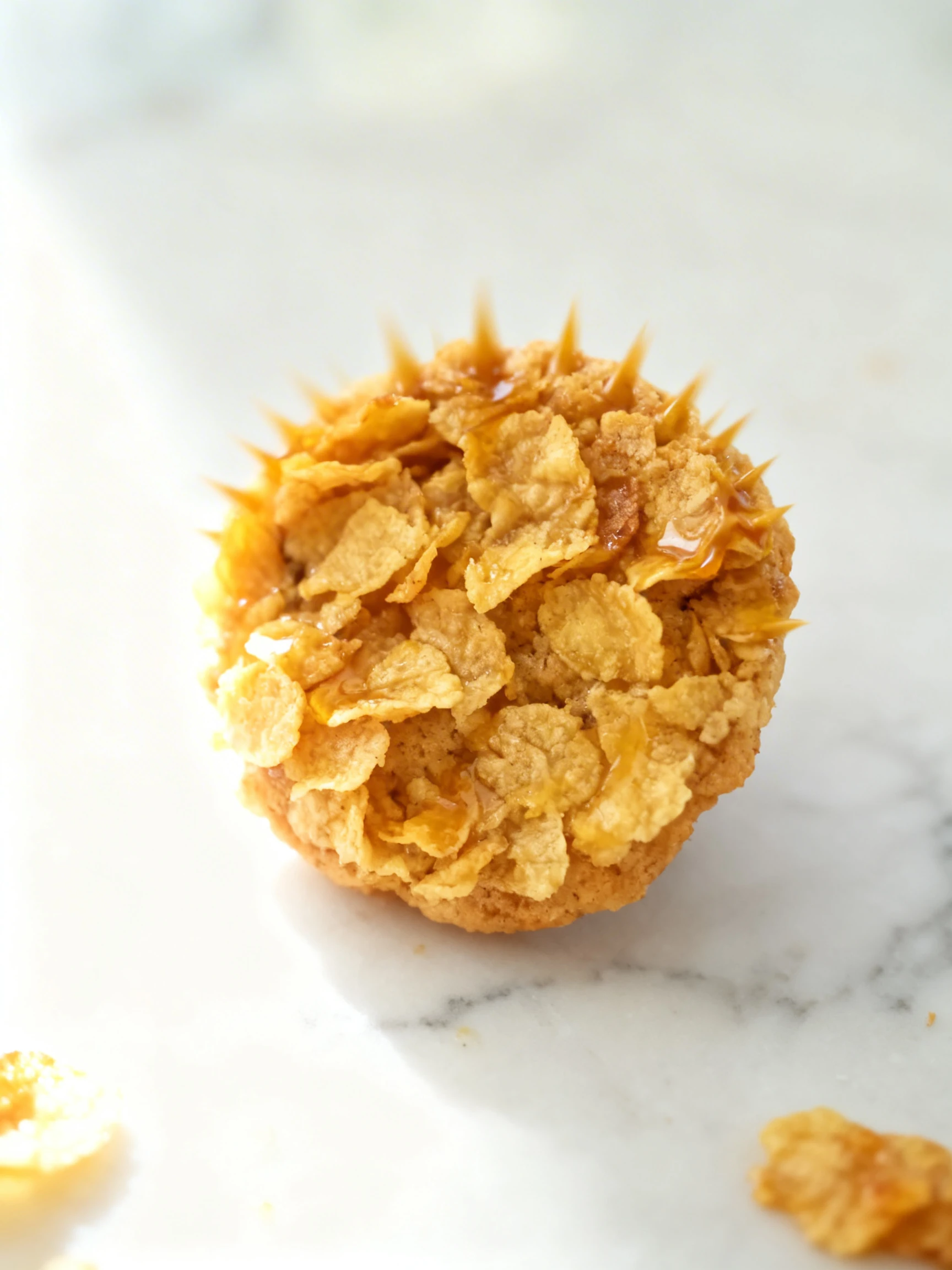 A honey cornflake cookie served in a small black fluted paper cupcake liner.