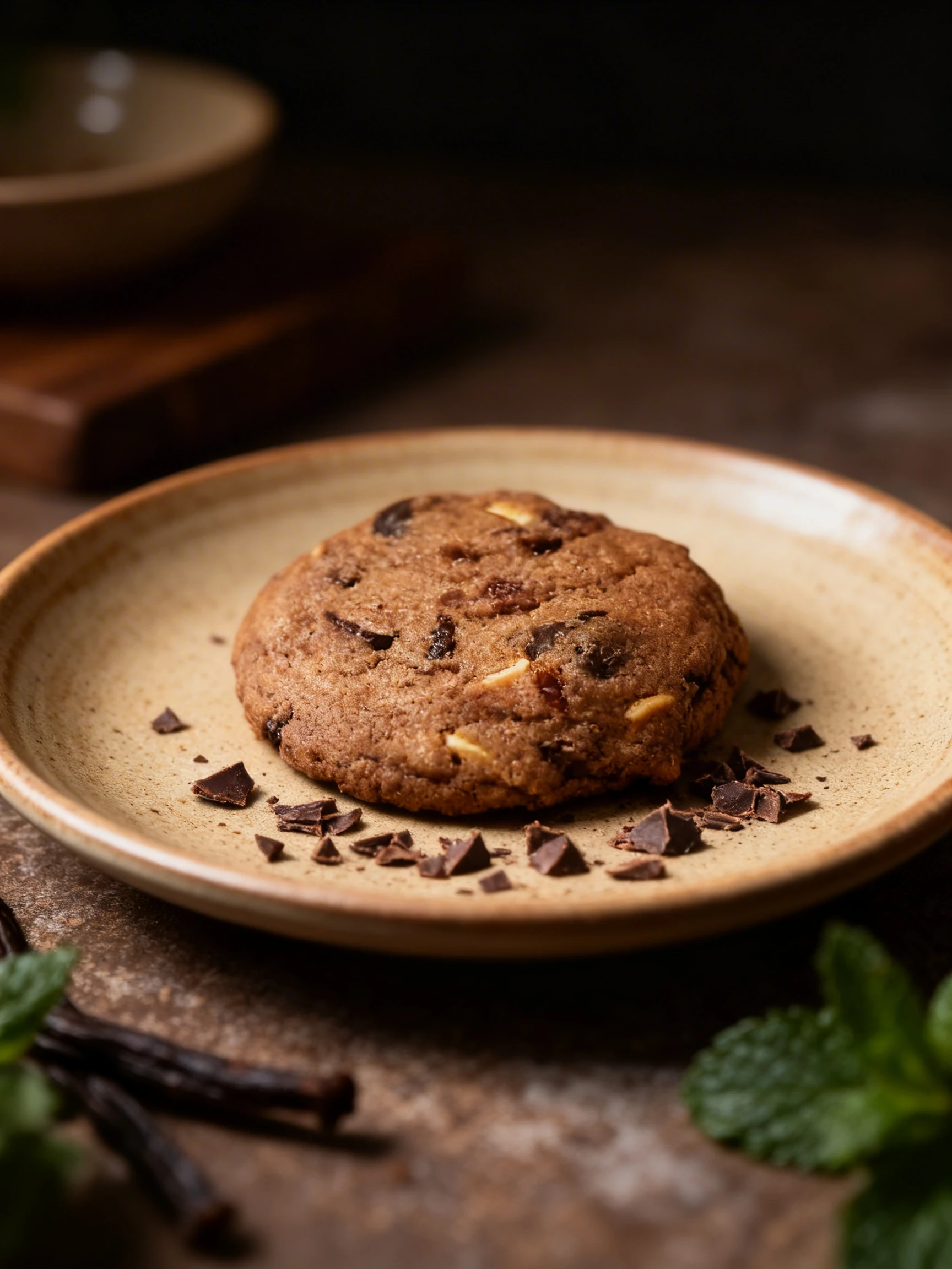 A thick, rounded chocolate chip cookie containing dark chocolate chunks and slivered almonds.
