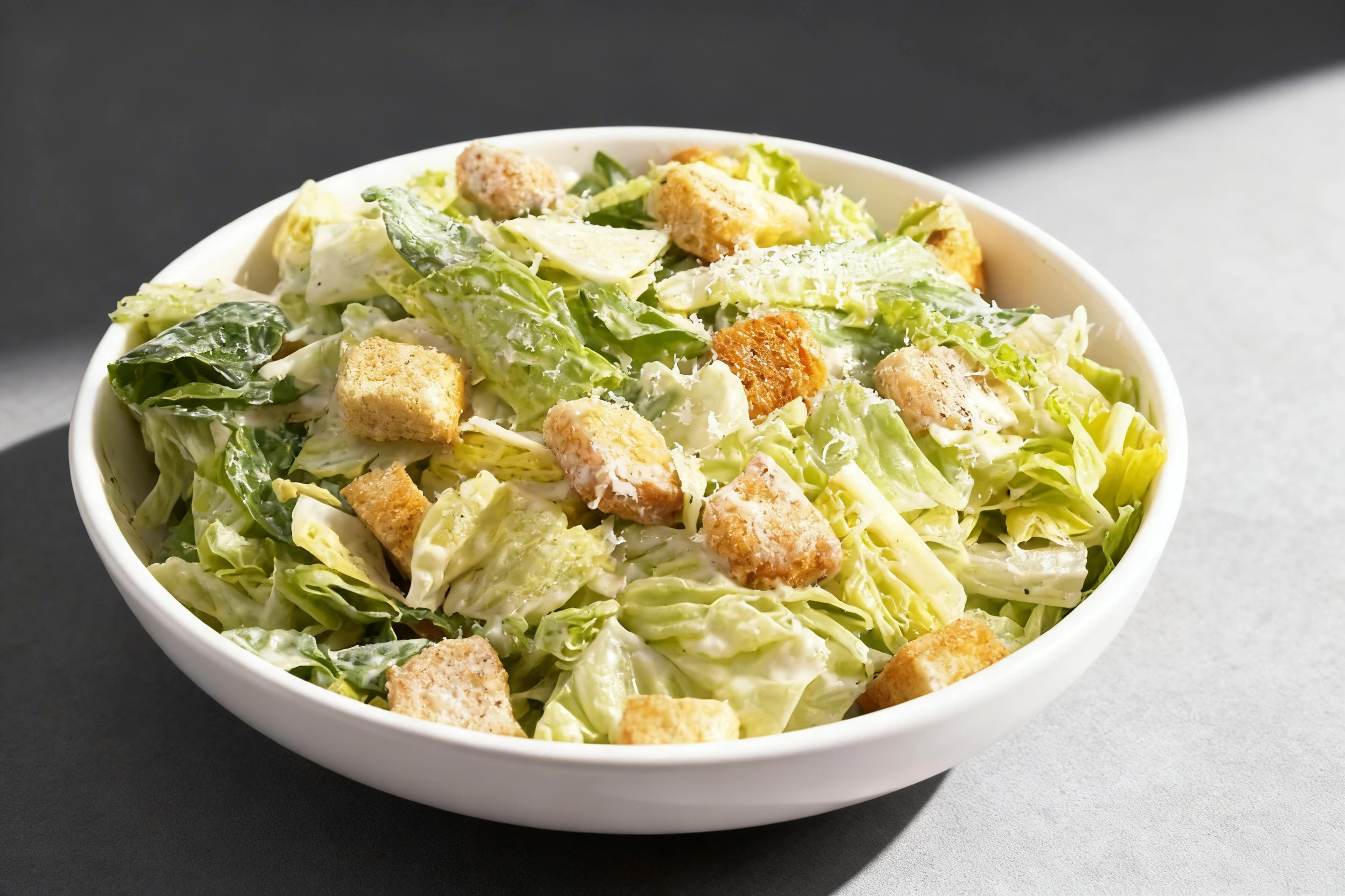 A Caesar salad featuring chopped romaine lettuce tossed in creamy dressing with large toasted croutons and grated Parmesan cheese.