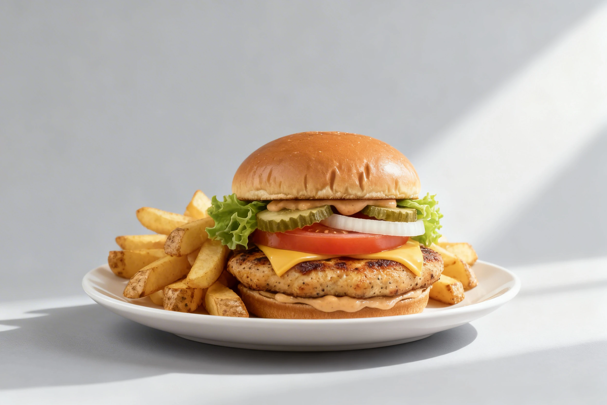Grilled chicken burger on a brioche bun with cheddar cheese, tomato, onion, pickles, lettuce, and sauce, served with thick-cut potato wedges.