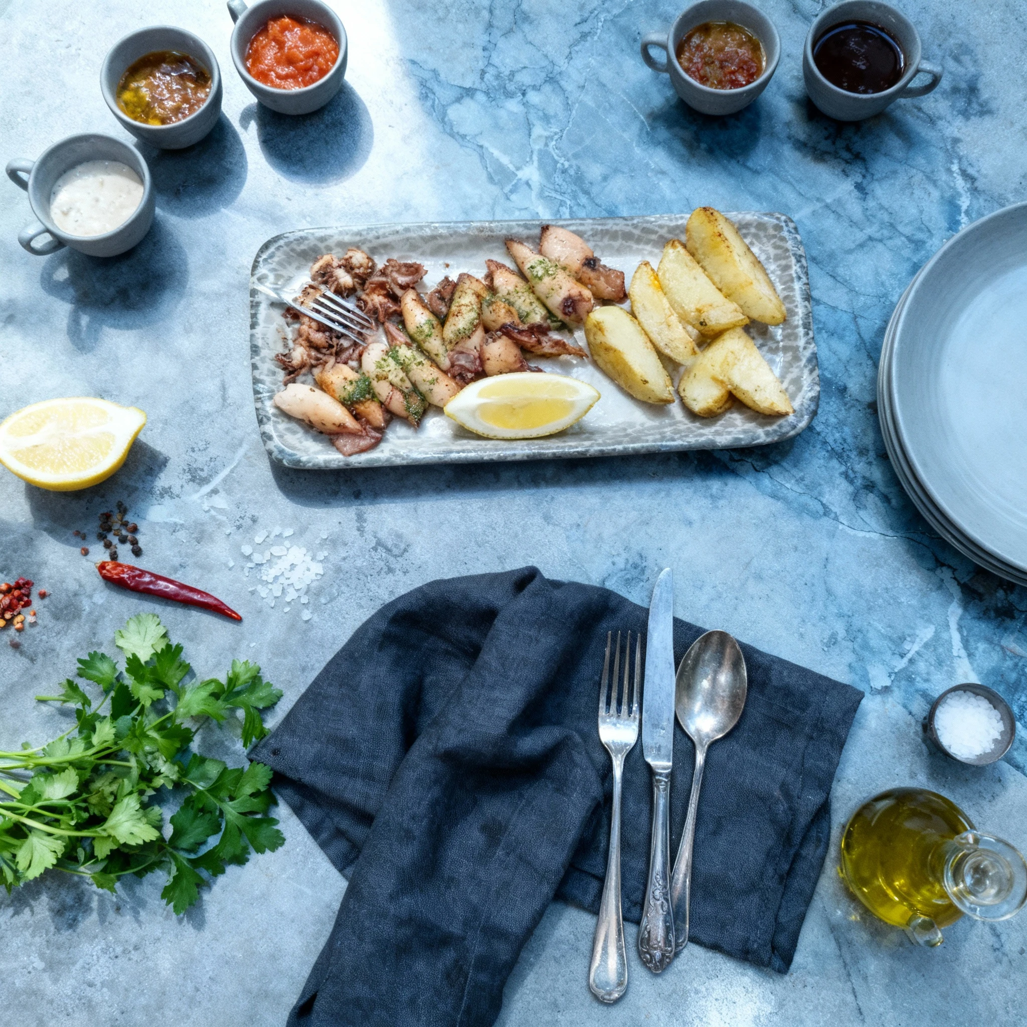 Grilled or pan-fried whole squid and tentacles, lightly seasoned with herbs, served on a rectangular plate alongside four large roasted potato wedges and a fres