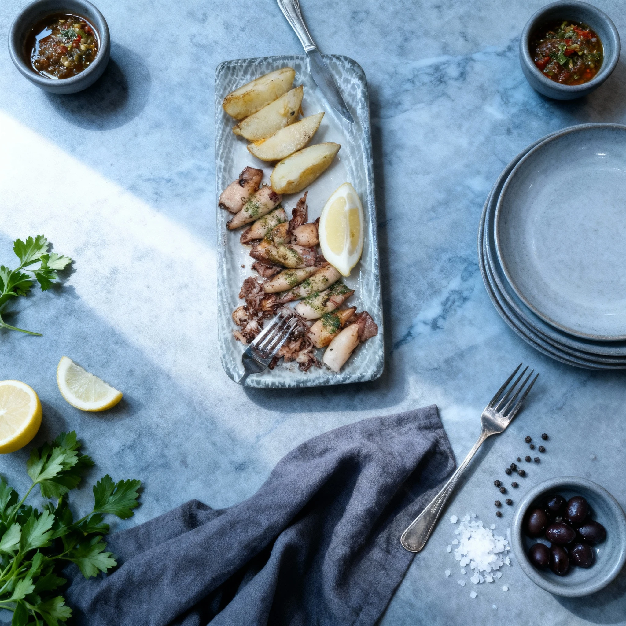 Grilled baby squid, seasoned with visible green herbs, is served with large roasted potato wedges and a generous wedge of fresh lemon on a textured rectangular
