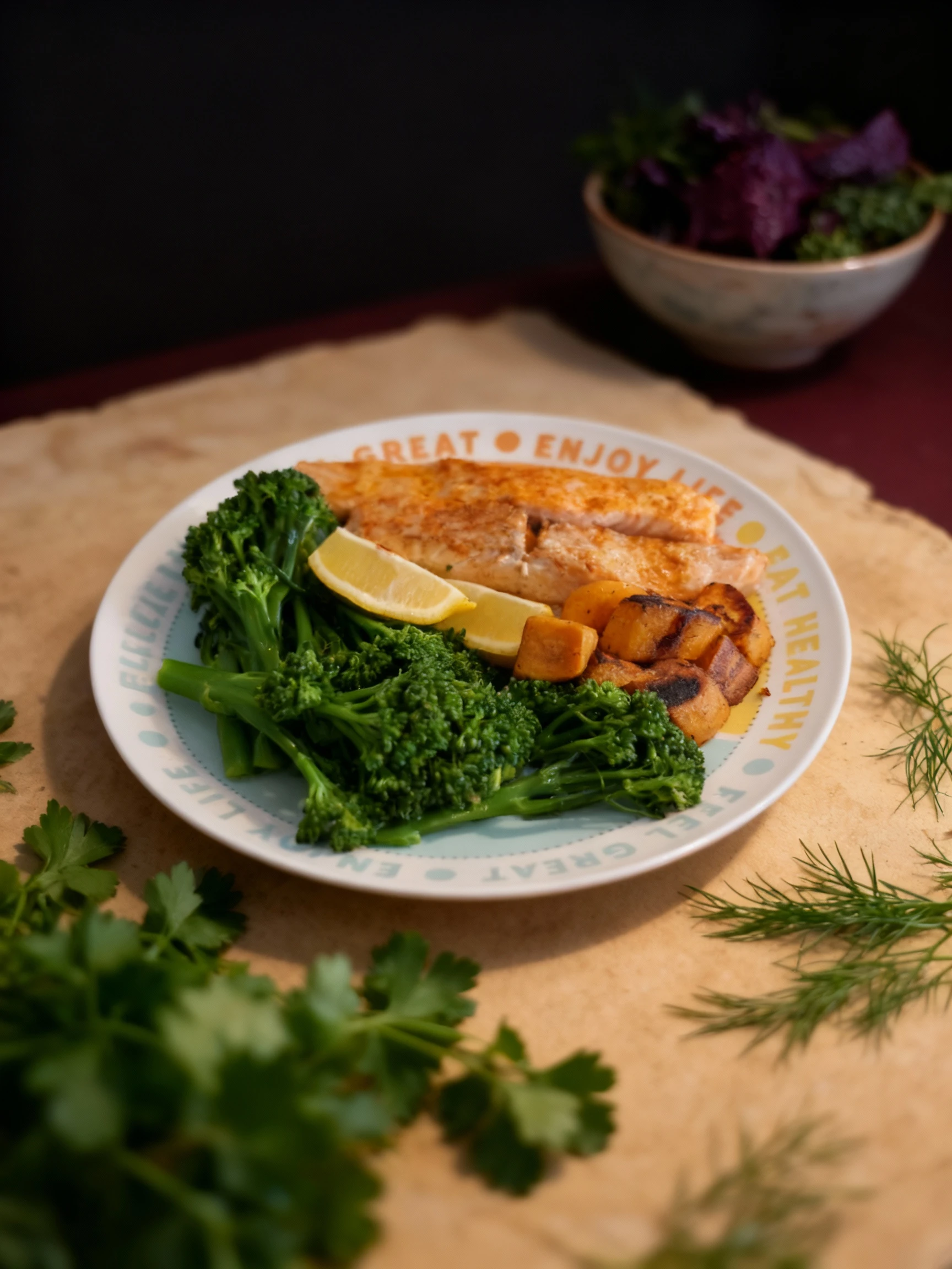 A healthy meal plate featuring two seasoned fillets of salmon served alongside a large portion of bright green broccolini, charred roasted sweet potato cubes, a