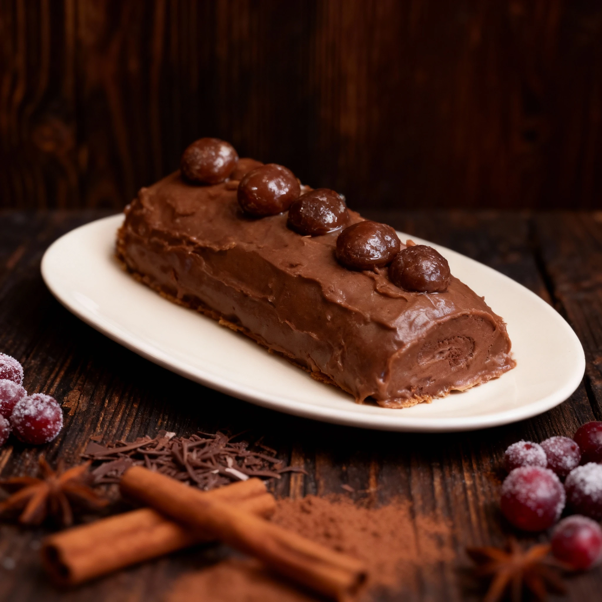 A Bûche de Noël (Yule Log) dessert covered in a thick, rich brown frosting or mousse, garnished with glazed chestnuts and plastic Christmas decorations includin
