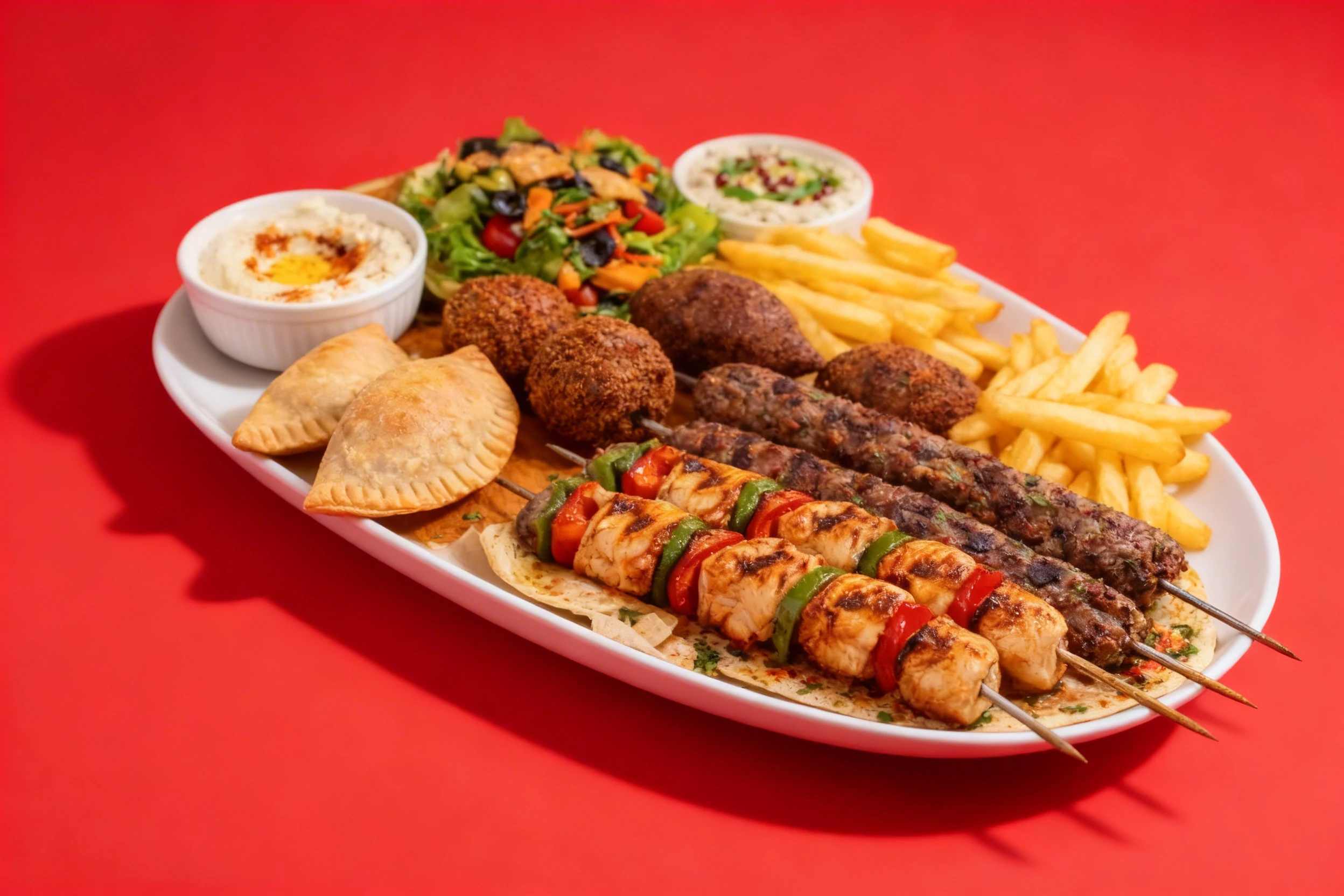 Middle Eastern platter featuring grilled chicken and beef kofta skewers, kibbeh, falafel, empanadas, french fries, hummus, and a fresh salad with olives and tom