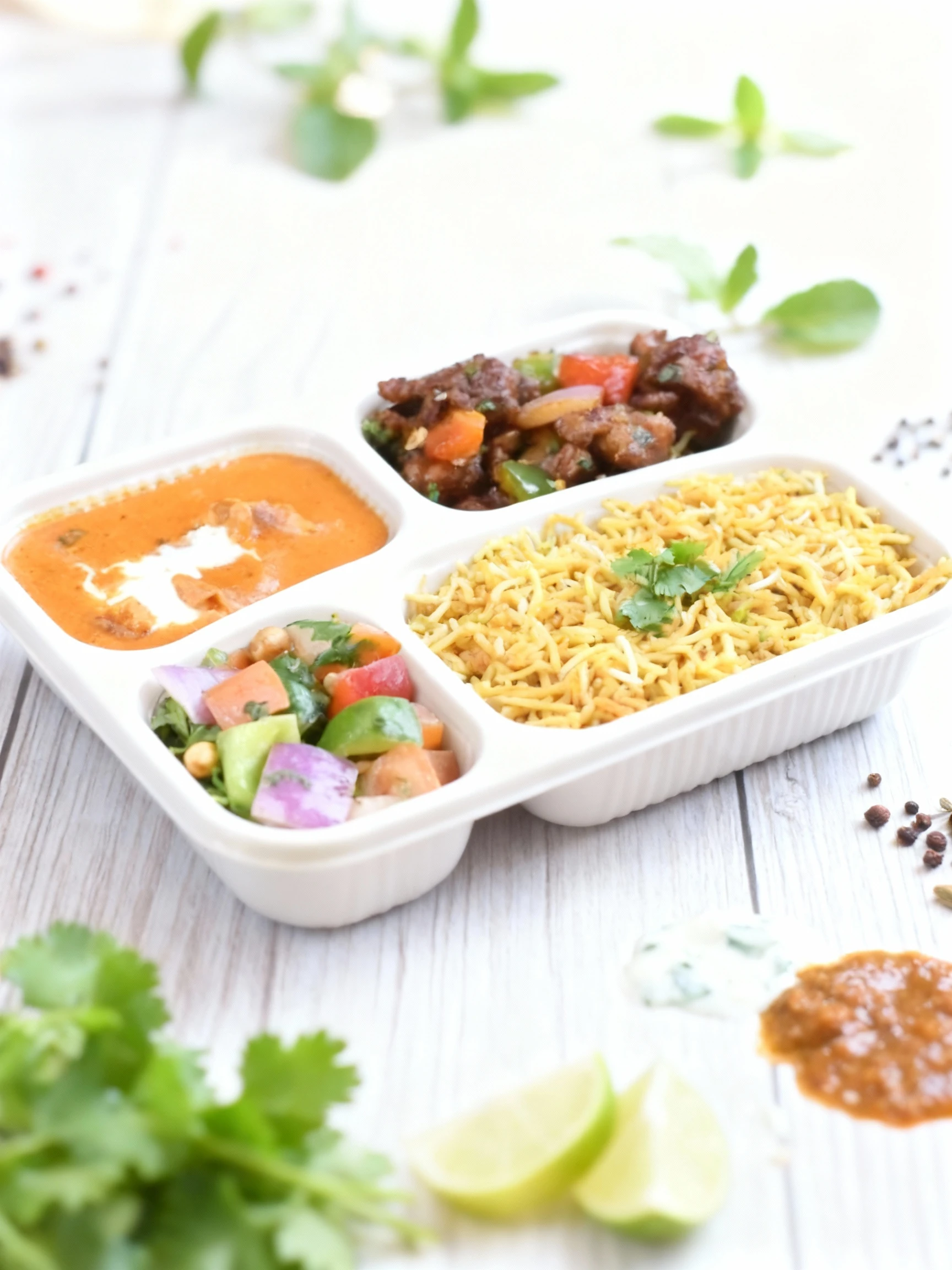 This Indian meal platter features long-grain saffron rice garnished with cilantro, a creamy orange curry finished with a swirl of cream, and a dry chili prepara