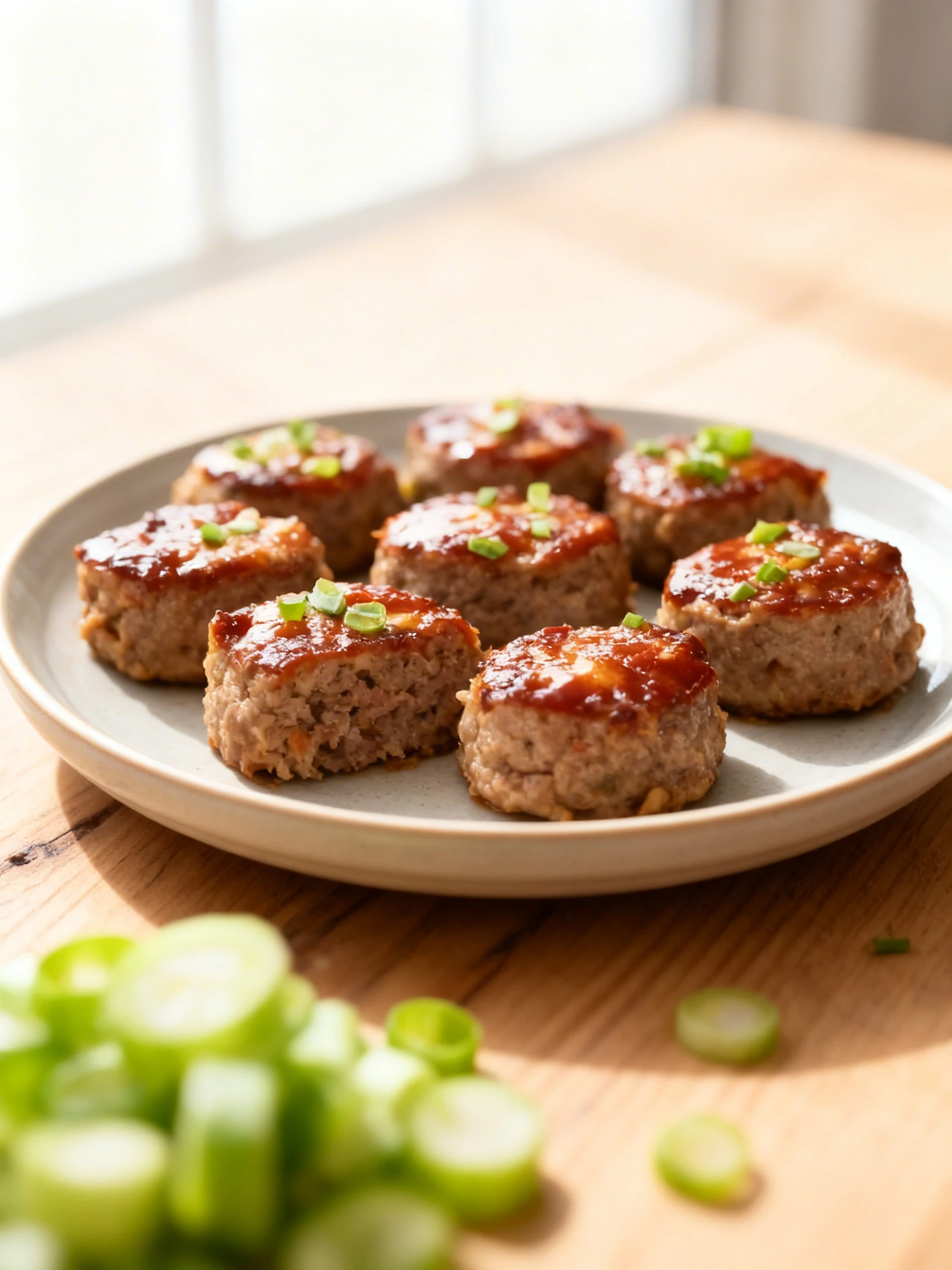 Mini meatloaves glazed with a savory tomato-based sauce and garnished with sliced green onions, served in a dark muffin tin.