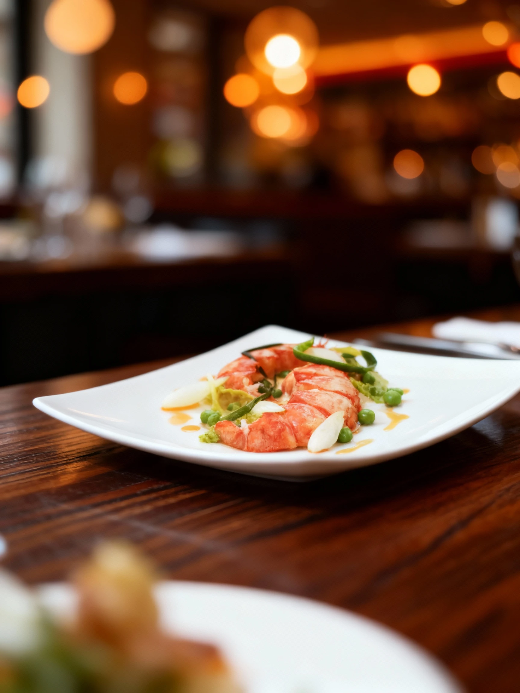 Cooked lobster tail segments are elegantly plated on a bed of pale greens, accompanied by bright green peas, blanched white vegetable pieces, and thin green rib