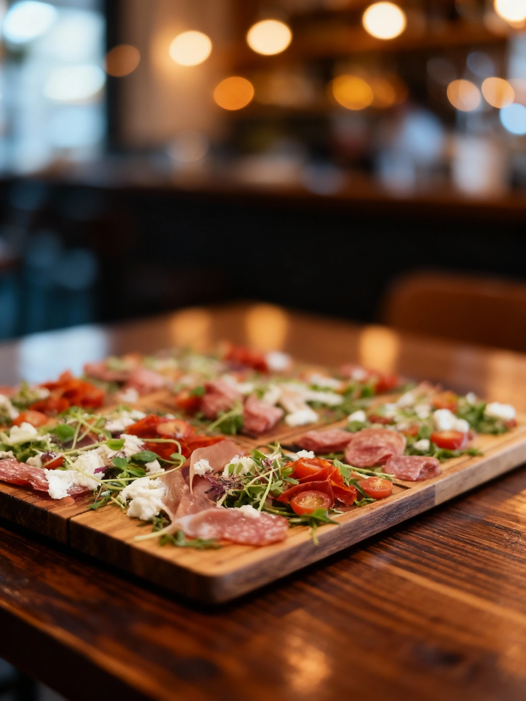 A charcuterie board featuring an assortment of cured meats, including folded salami and thin slices of prosciutto and chorizo, intermixed with fresh mozzarella