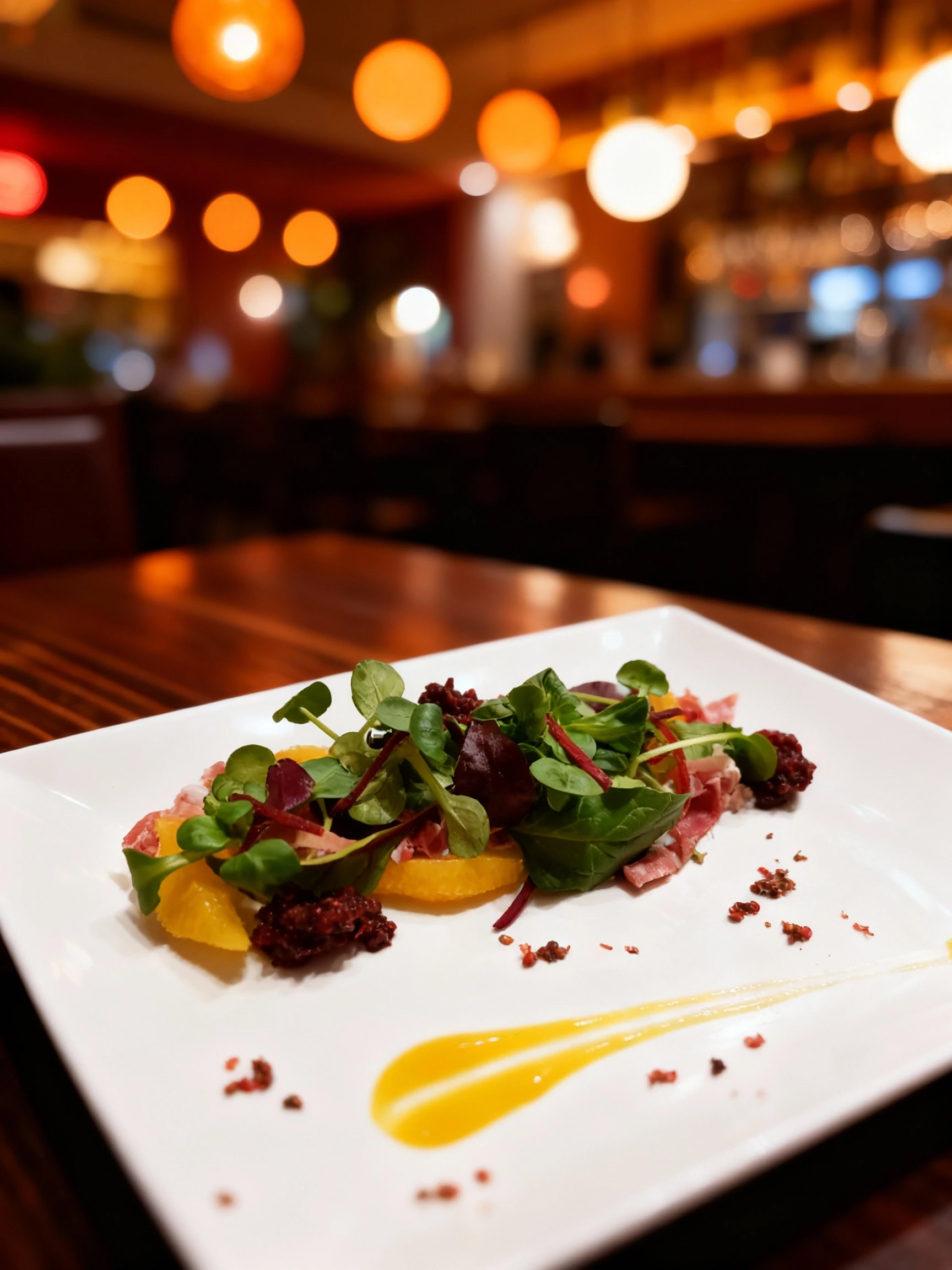 A sophisticated starter composed of mixed fresh greens, thin slices of cured meat, orange segments, and dollops of dark fruit relish, presented on a white plate