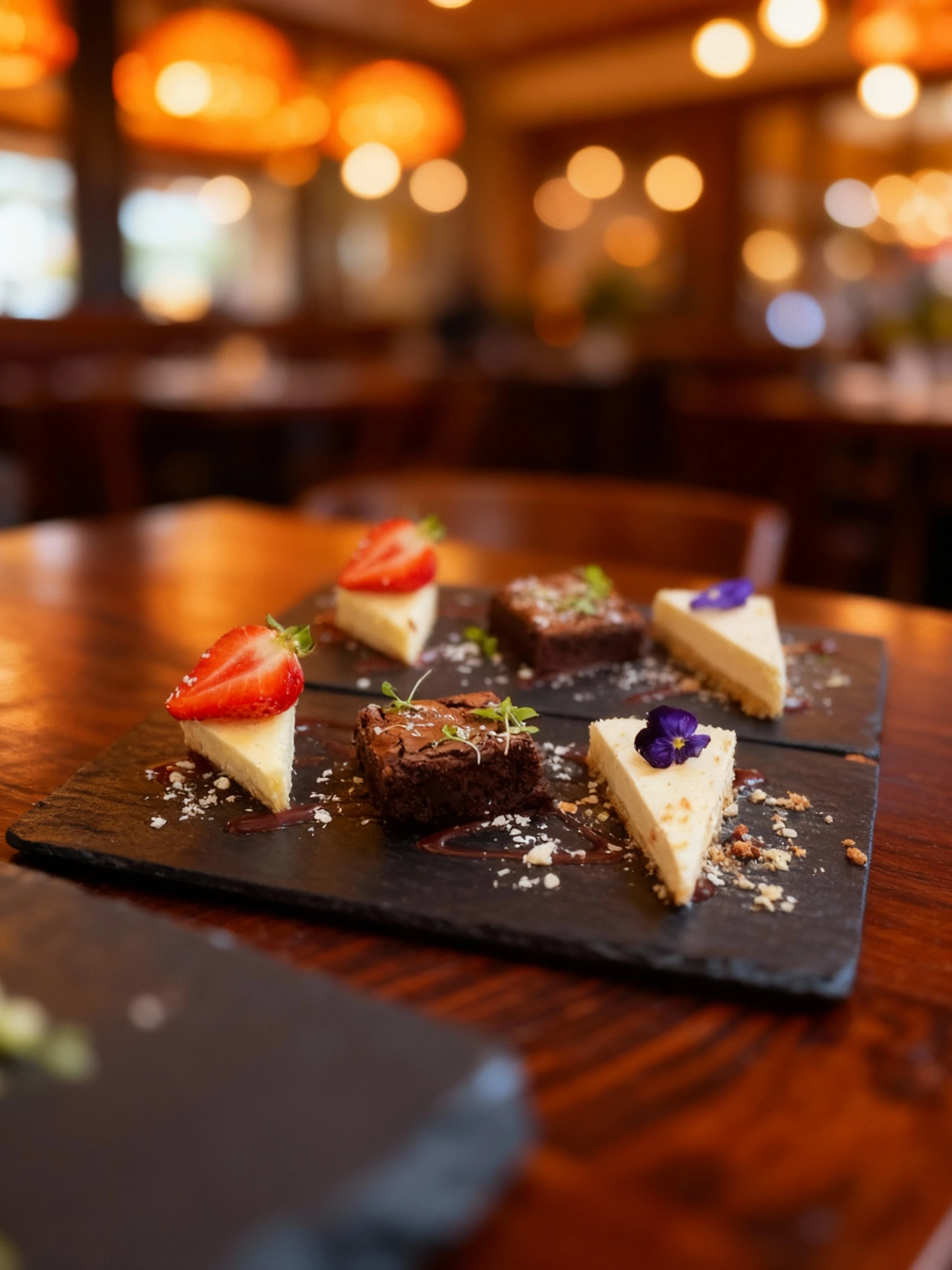 A dessert sampler featuring three types of individual portions: a cheesecake slice topped with a fresh strawberry, a fudgy dark chocolate brownie square, and a