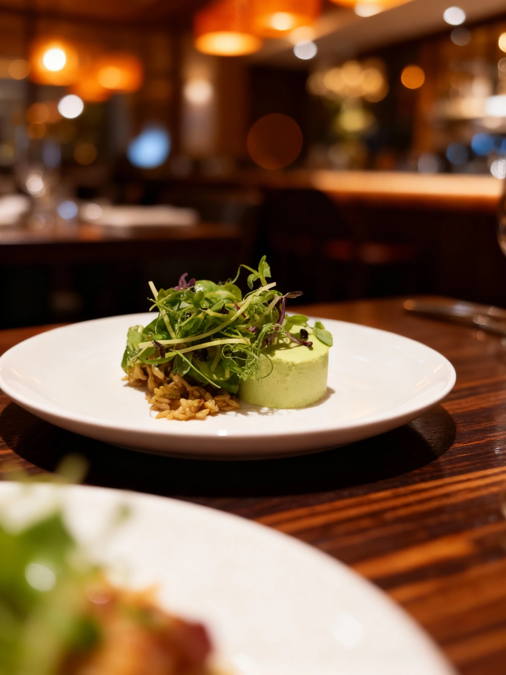 A sophisticated starter featuring a molded cylinder of pale green savory mousse or panna cotta, plated beside seasoned orzo and topped with a large pile of fres