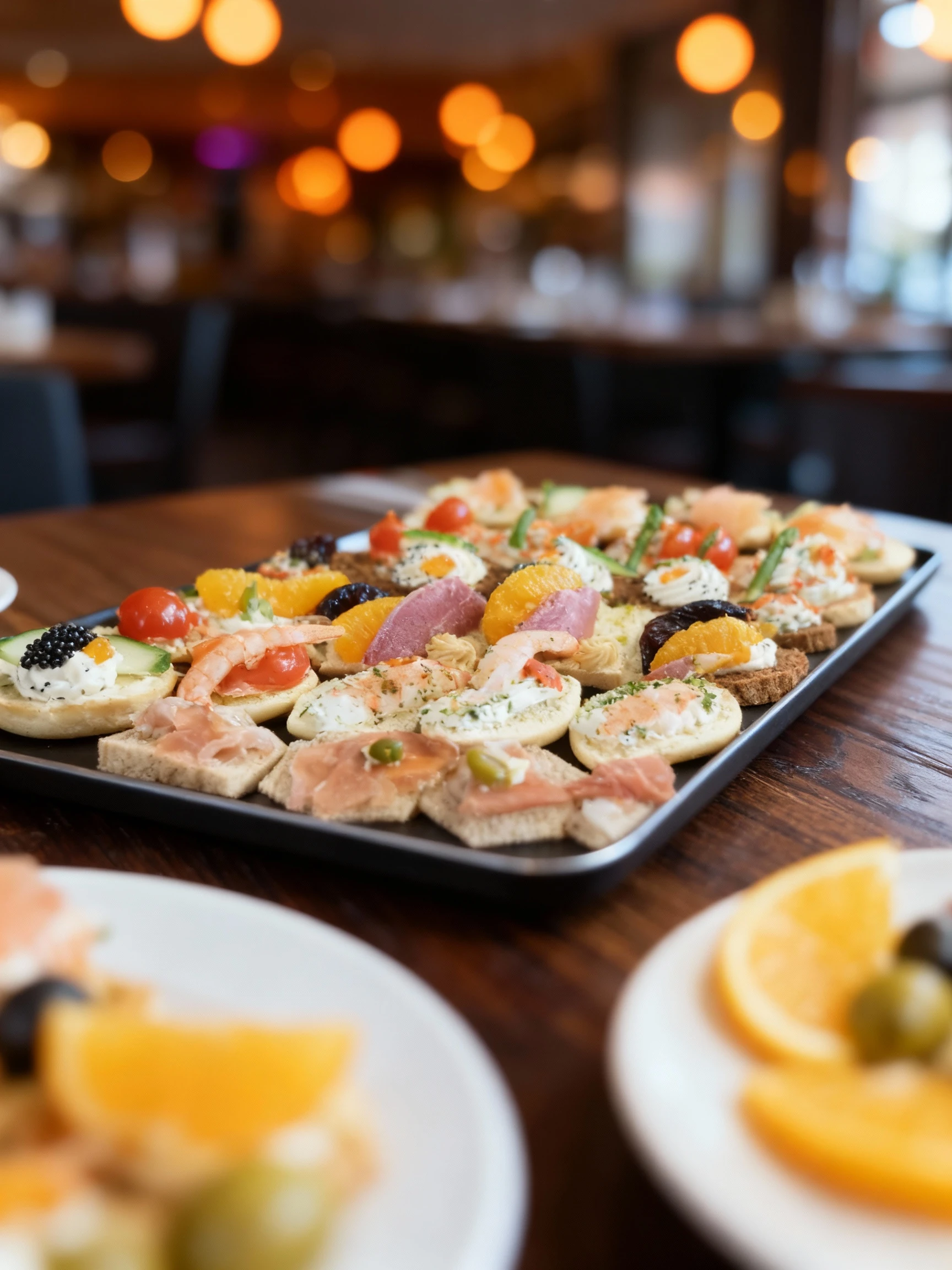 An assorted platter of gourmet canapés arranged on dark bread, white bread, and toast bases, featuring toppings like smoked salmon, fresh shrimp, prosciutto, cu