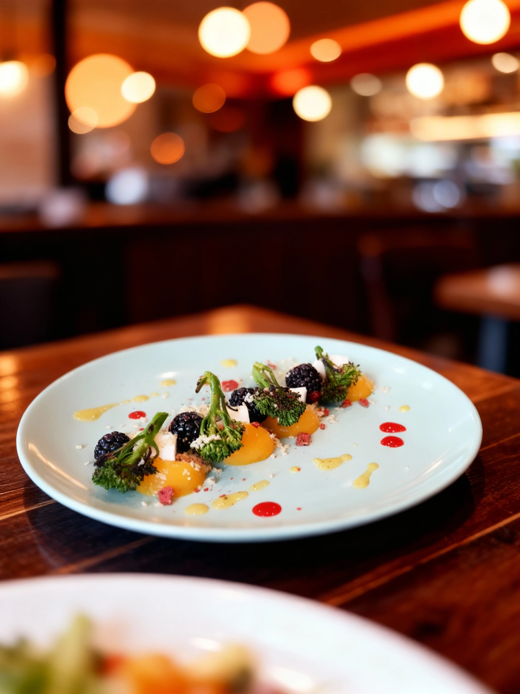 An artistically plated modern salad or appetizer featuring segments of yellow fruit gelée or cooked fruit topped with fresh blackberries, charred broccolini flo