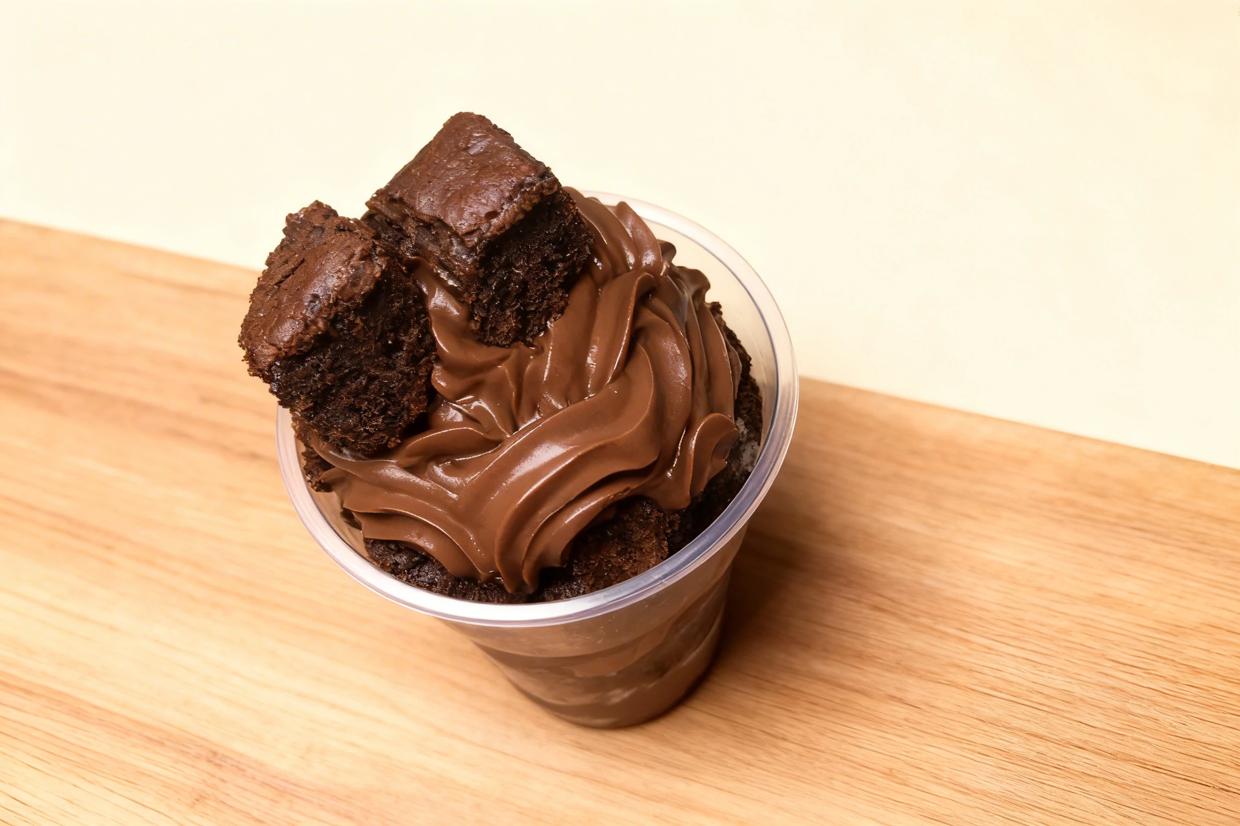 Layered dessert in a cup consisting of chocolate brownie chunks and thick chocolate hazelnut spread.