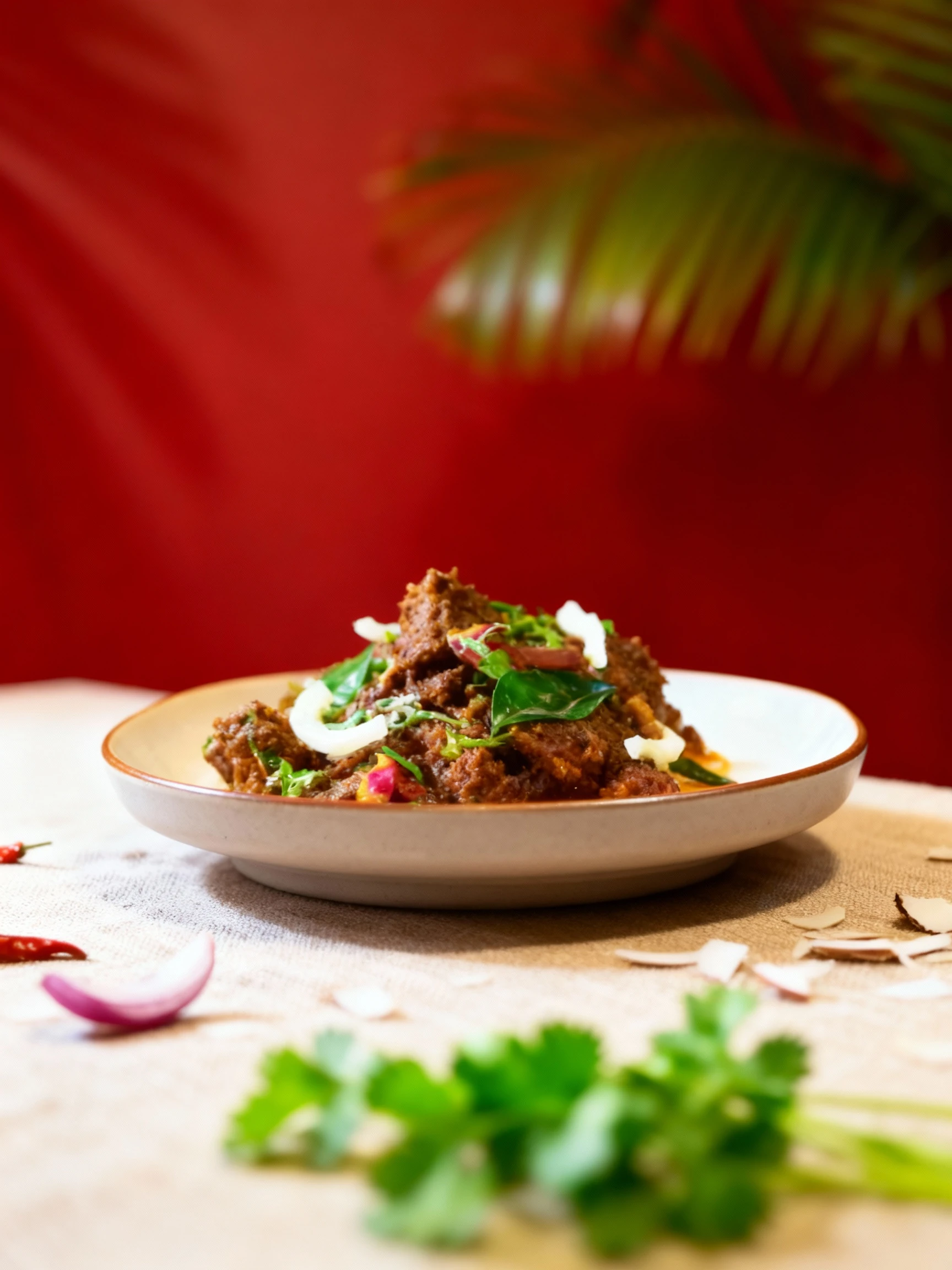 A dense serving of heavily spiced, dark meat (likely beef or lamb fry/rendang) resting in a small pool of orange oil/sauce, garnished generously with whole curr