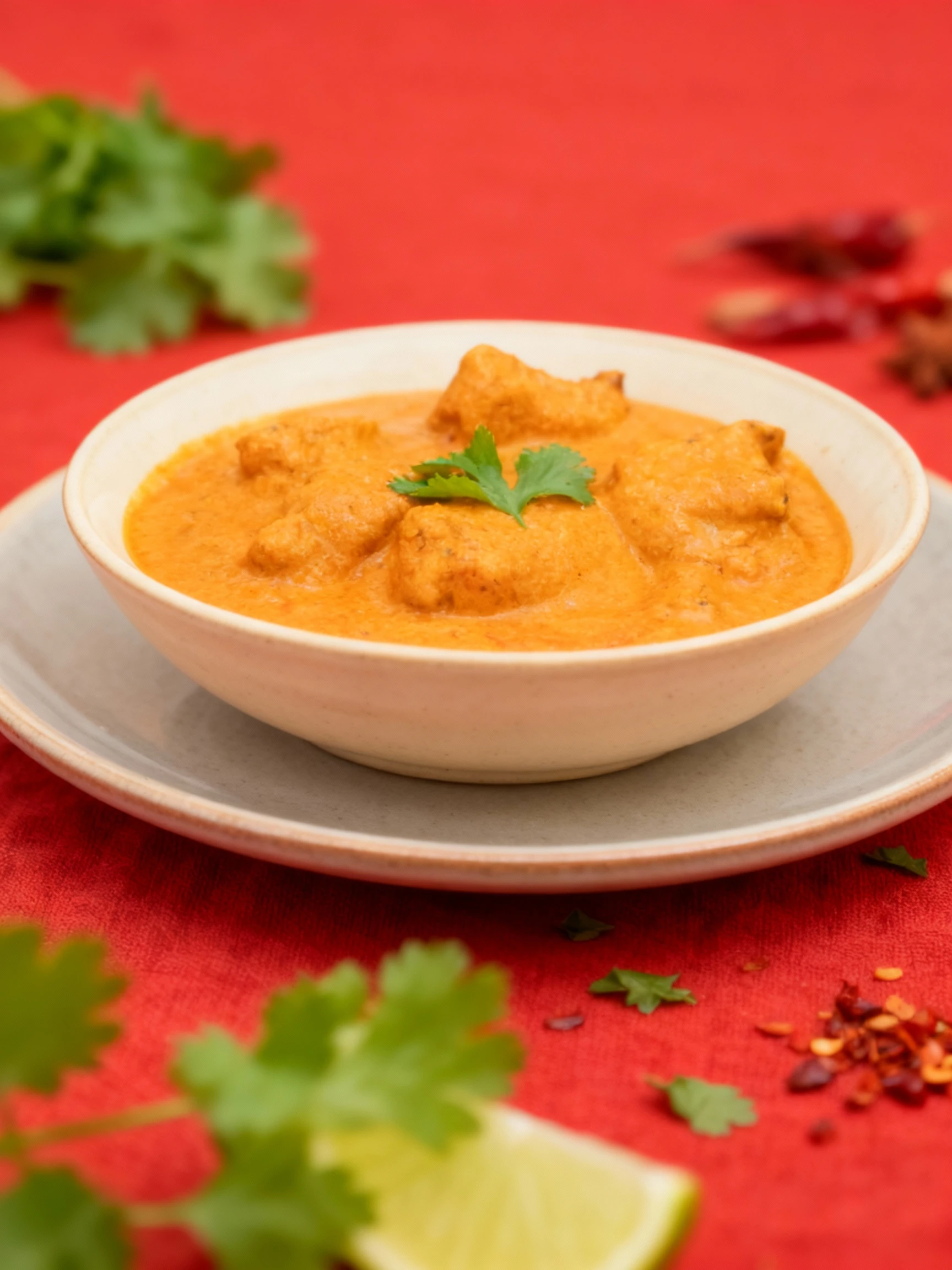 A bowl of rich, creamy orange-colored curry, likely Butter Chicken or Chicken Tikka Masala, featuring several chunks of chicken and garnished with a sprig of fr