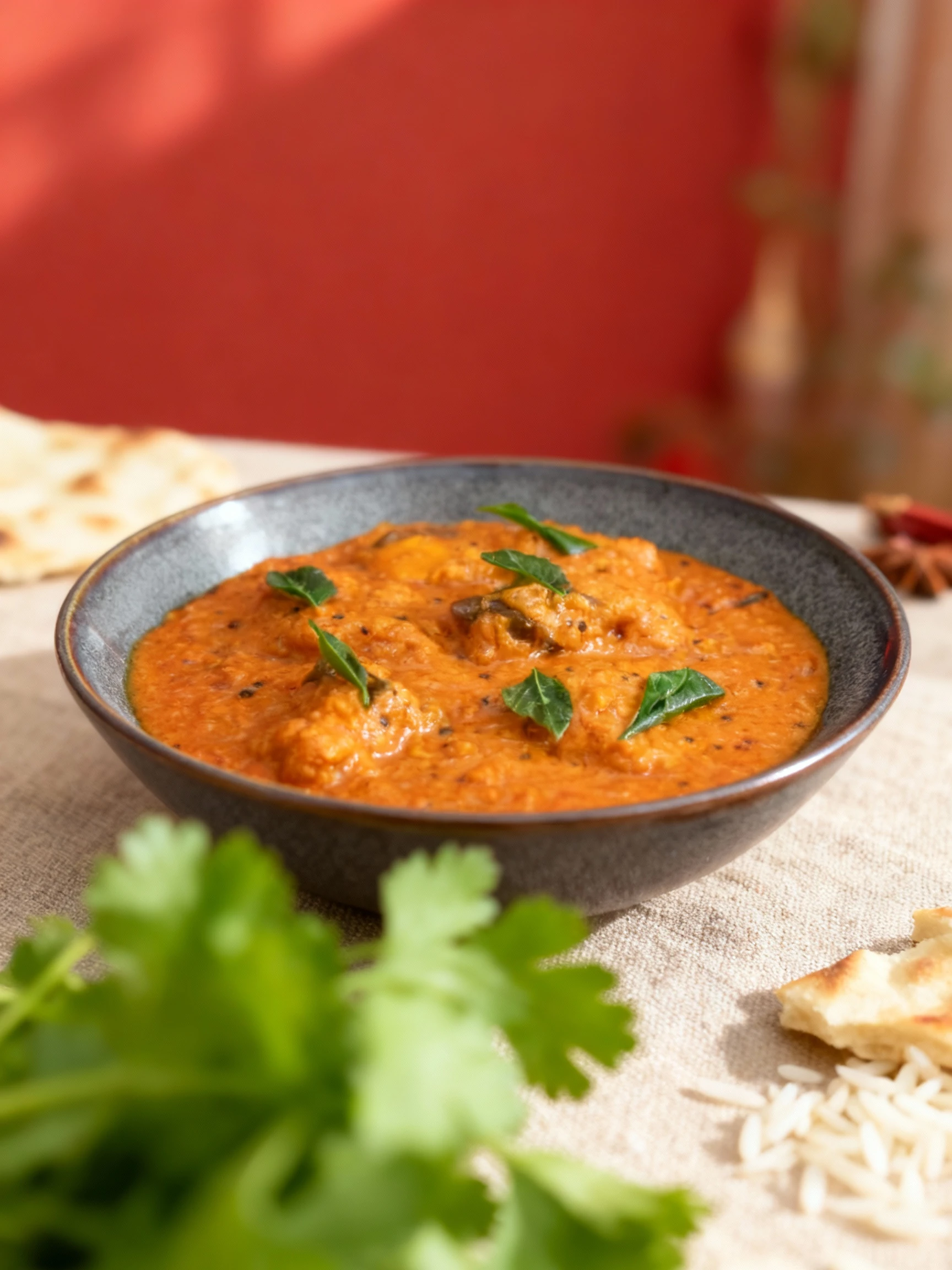 This is a generous serving of a thick, reddish-orange curry or daal, speckled with visible spices and containing larger pieces of submerged ingredients. The dis