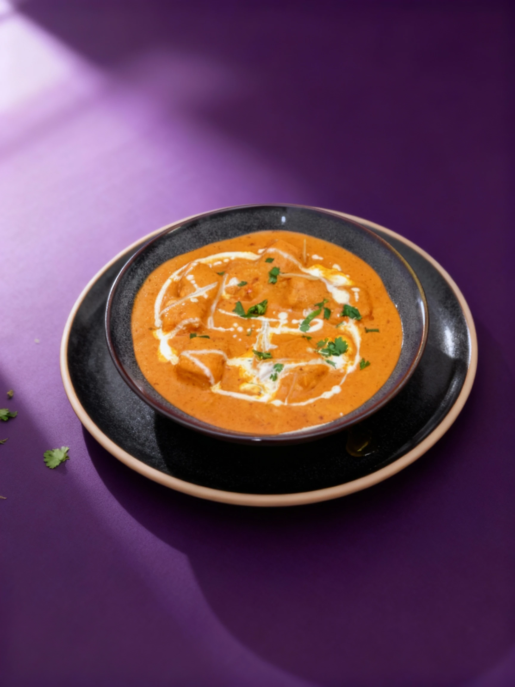 A rich, orange-colored curry, likely Butter Chicken or Paneer Makhani, featuring chunks of protein submerged in a thick, creamy sauce, finished with decorative