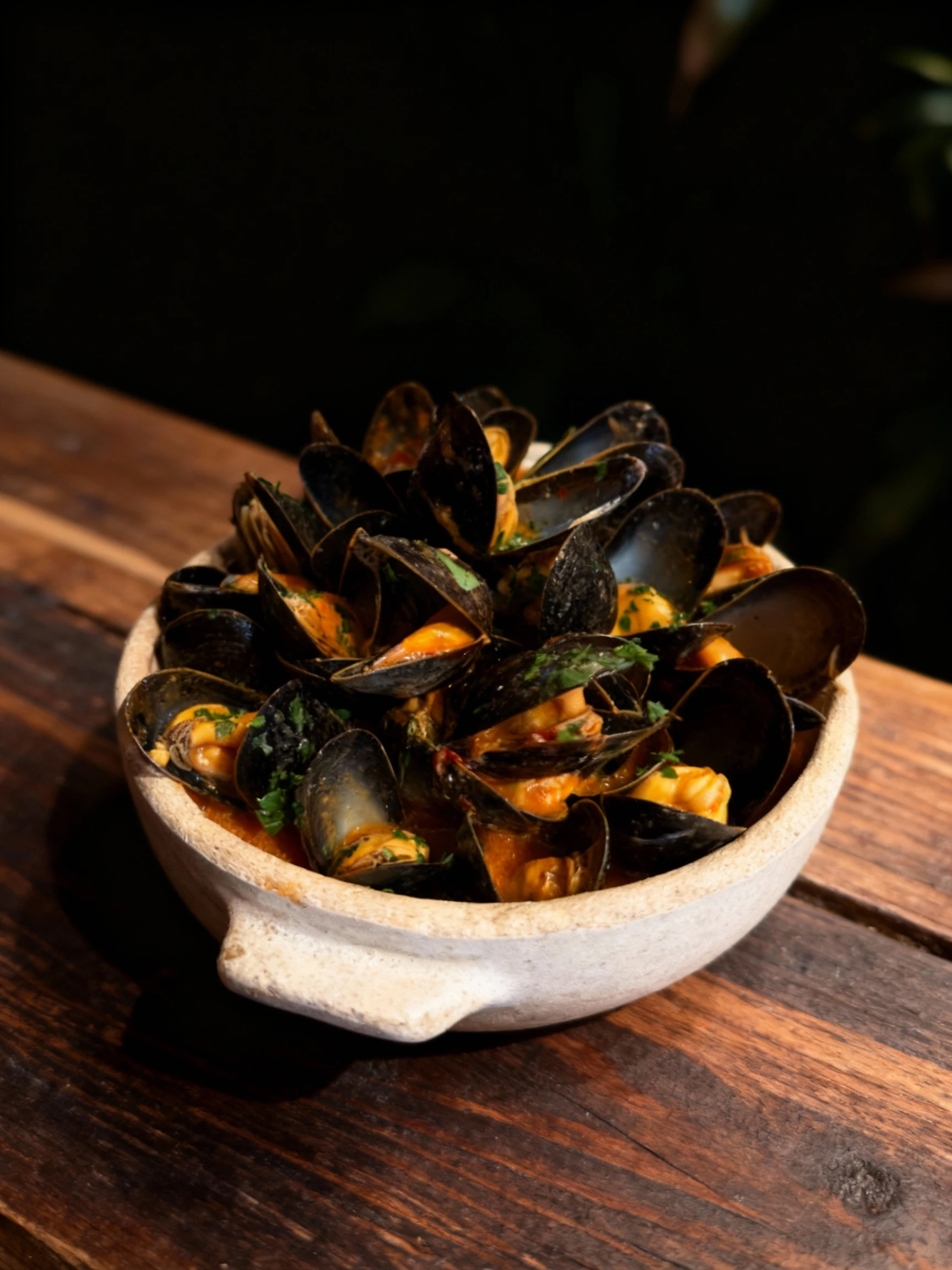 A generous serving of steamed mussels in their shells, coated in a savory orange-hued broth and garnished with fresh chopped herbs, served in a rustic earthenwa