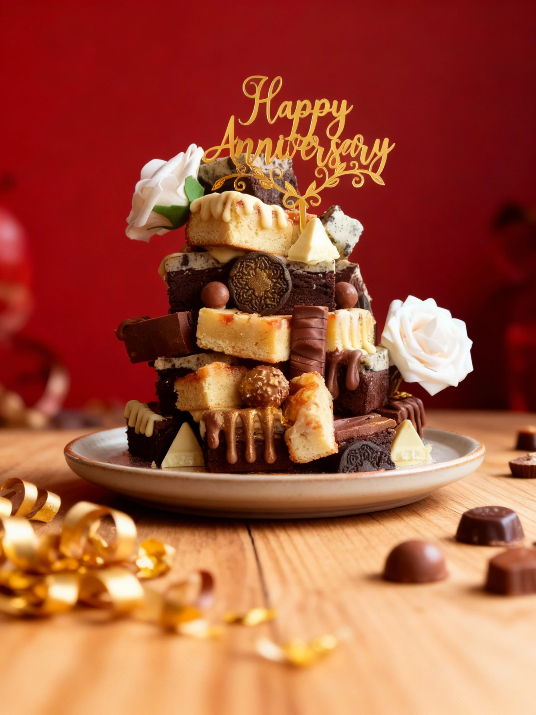 A tall, tiered dessert stack featuring square cuts of dark chocolate brownie and lighter blondie, lavishly decorated with white and gold chocolate drizzles and