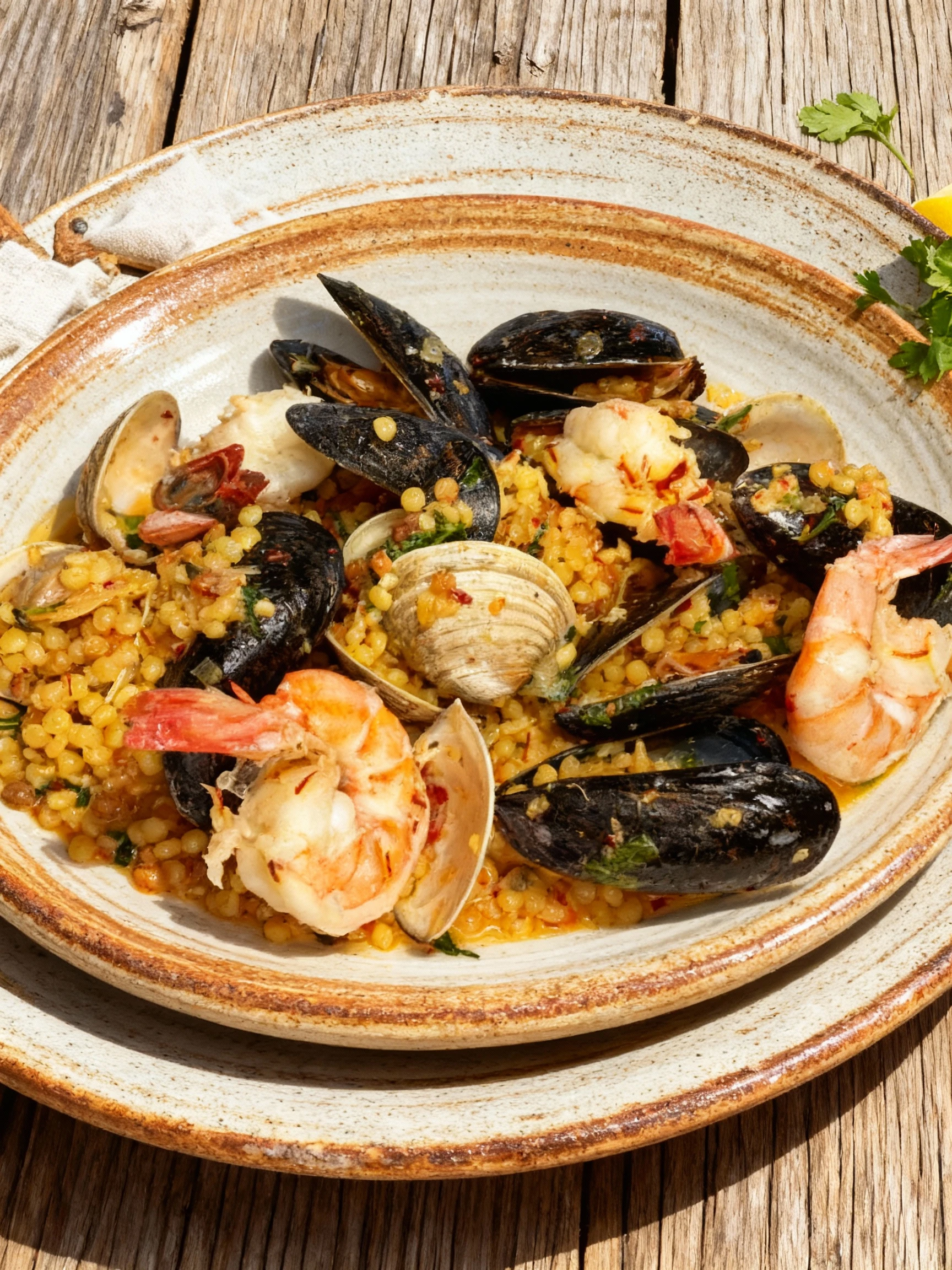 A medley of seafood featuring mussels, clams, and large shrimp, alongside chunks of white meat, served over small, saffron-colored fregola or Israeli couscous p