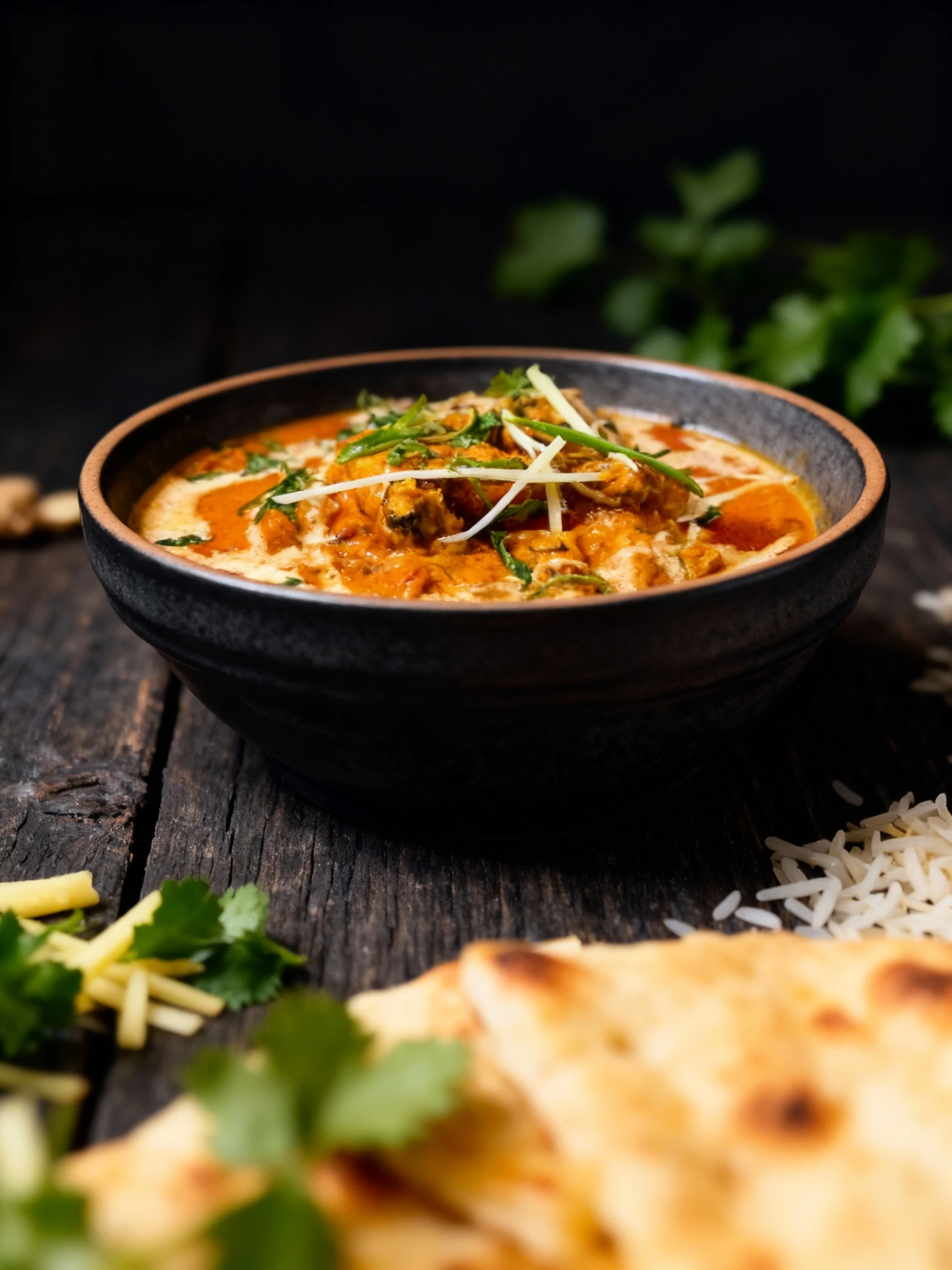 A bowl of rich, creamy Indian curry, resembling Butter Chicken or Tikka Masala, featuring chunks of meat in an orange sauce swirled generously with white cream.