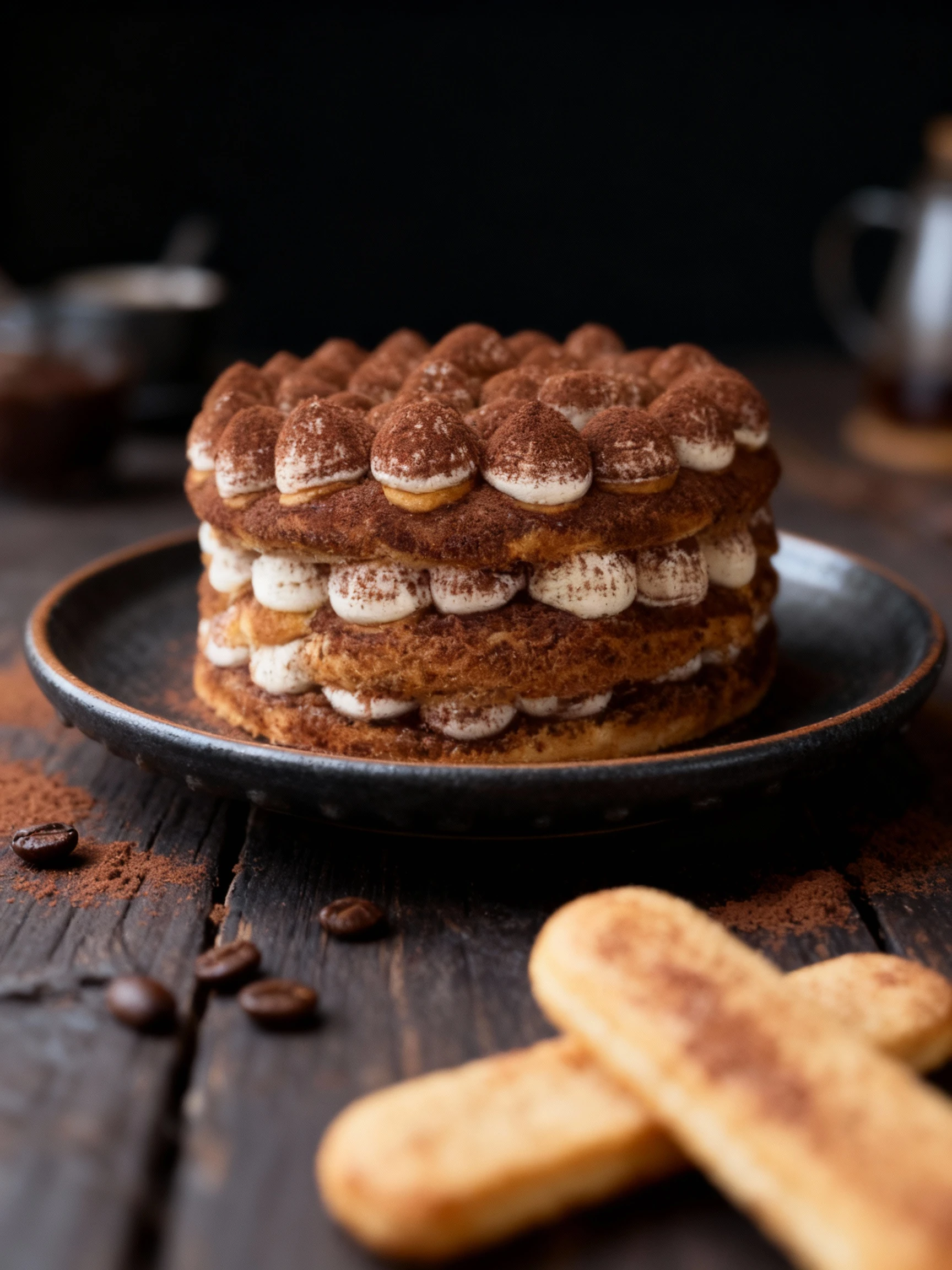 A multi-layered Tiramisu-style cake featuring layers of sponge and piped cream filling, completely covered with cocoa-dusted cream dollops on the top and sides.