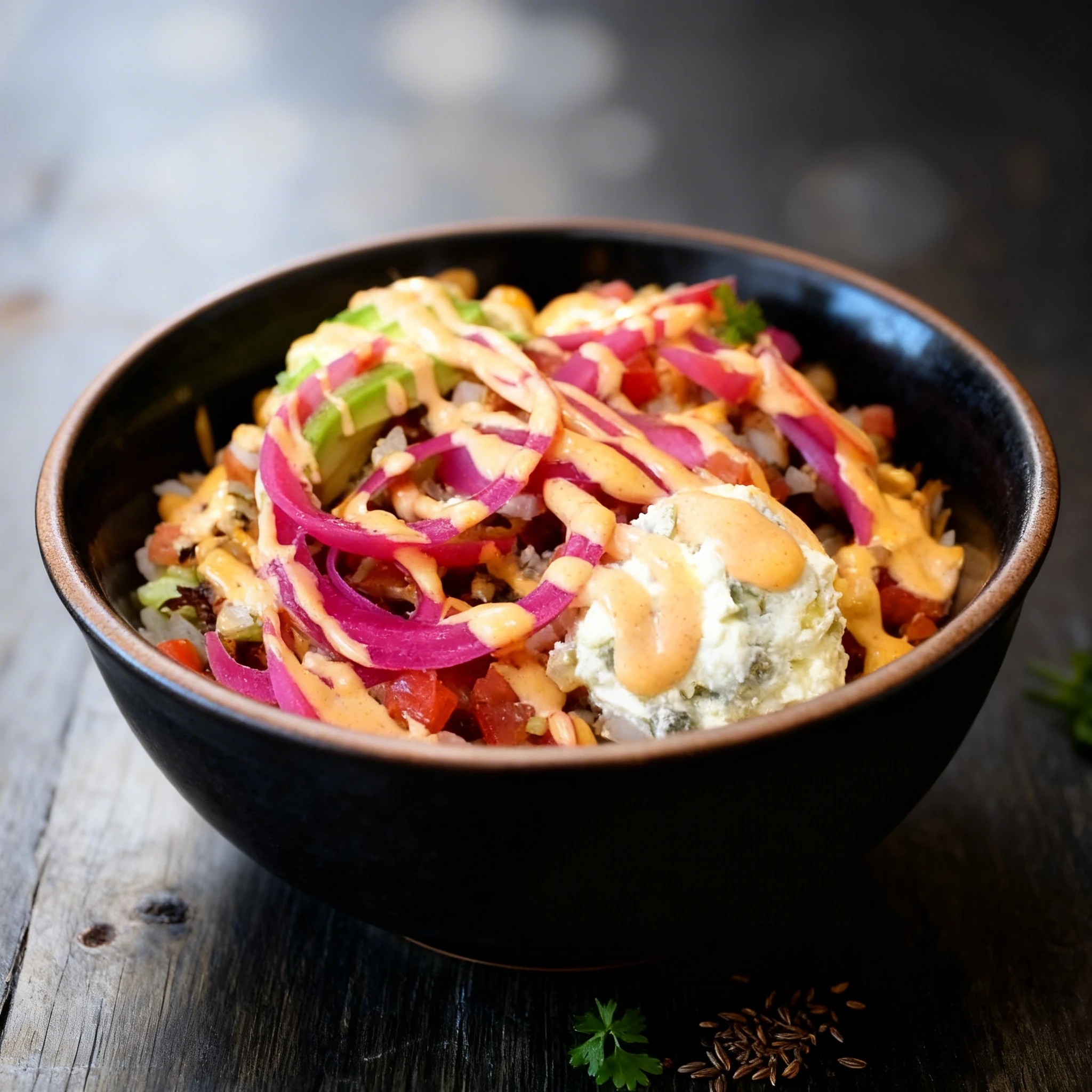A Mediterranean bowl containing rice, chickpeas, diced tomatoes, pickled red onions, sliced avocado, and a scoop of tzatziki or hummus topped with a drizzle of