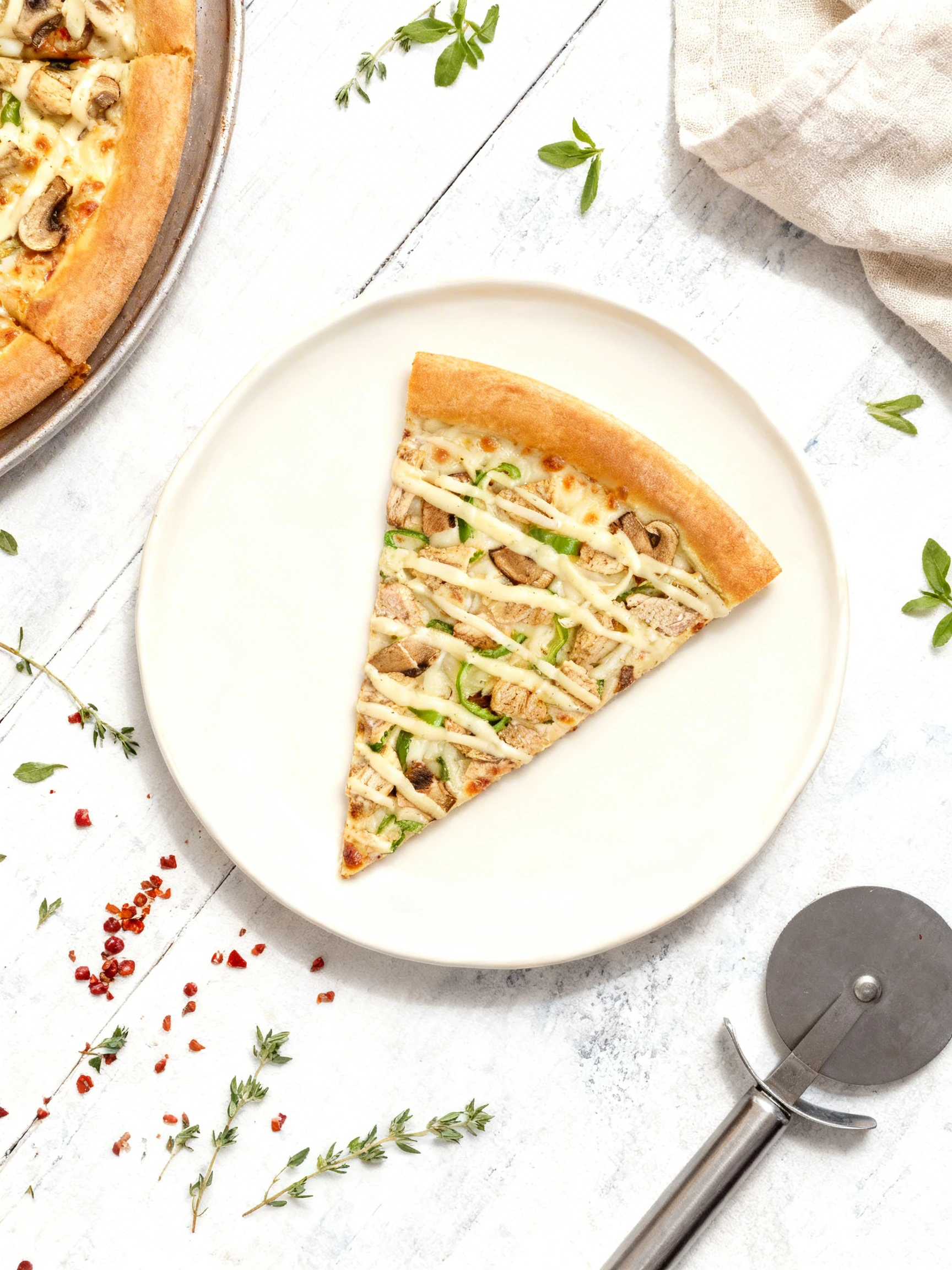 A slice of pizza topped with grilled chicken chunks, sliced mushrooms, green bell peppers, and a creamy white sauce drizzle.
