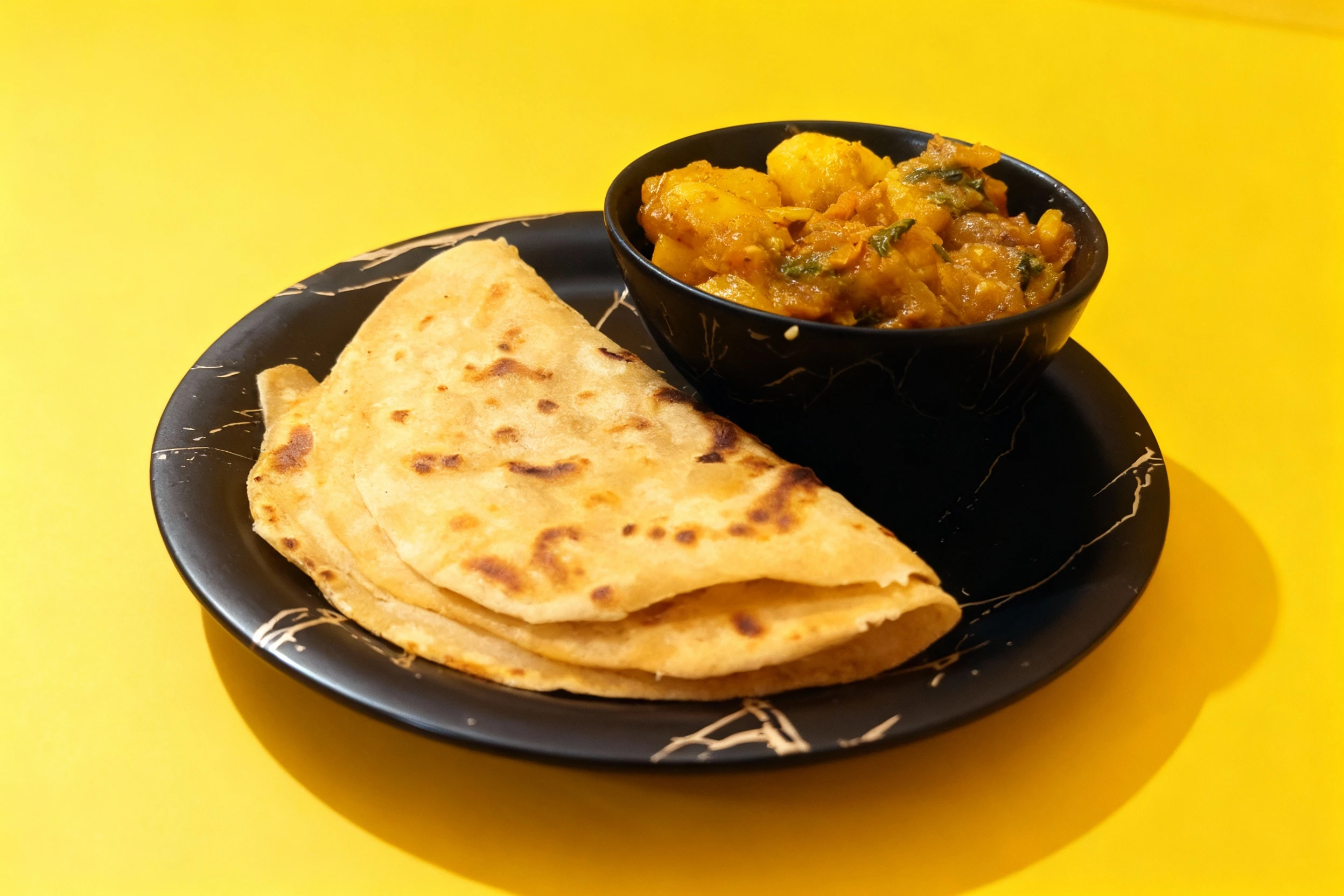 A stack of folded parathas served with a side of aloo masala in a small black bowl.