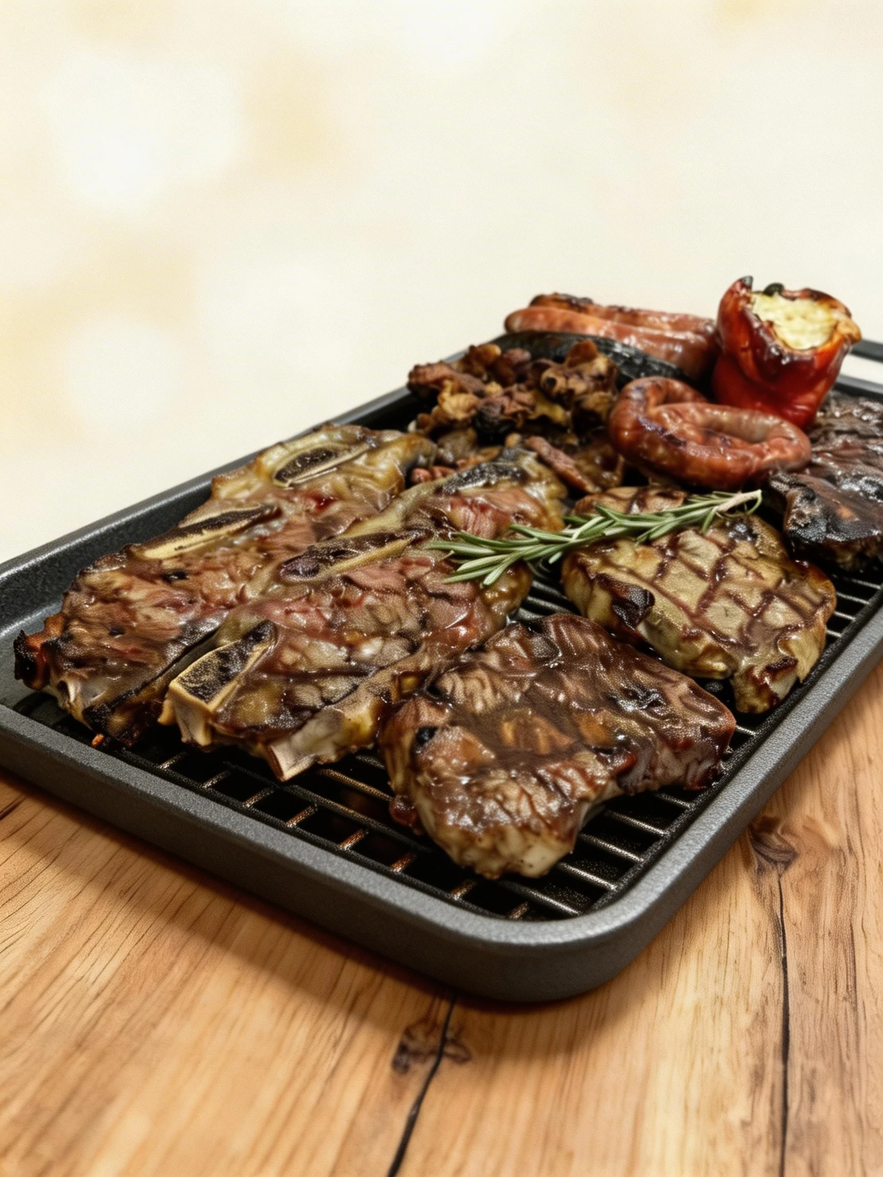 Mixed grill platter featuring grilled short ribs, steaks with charred grill marks, coiled sausages, and a stuffed roasted pepper garnished with fresh rosemary.