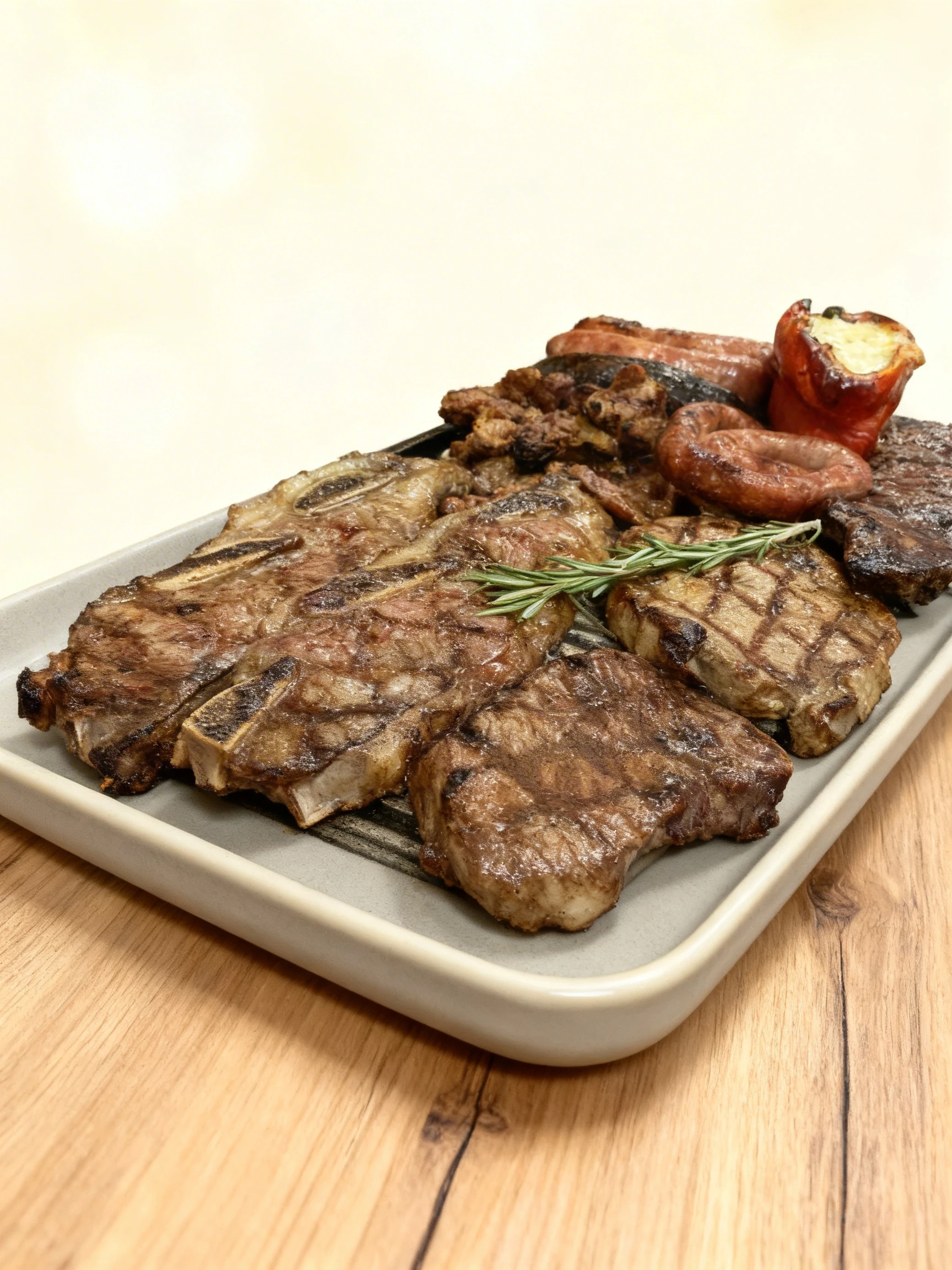Mixed grill platter featuring grilled short ribs, steaks with charred grill marks, coiled sausages, and a stuffed roasted pepper garnished with fresh rosemary.